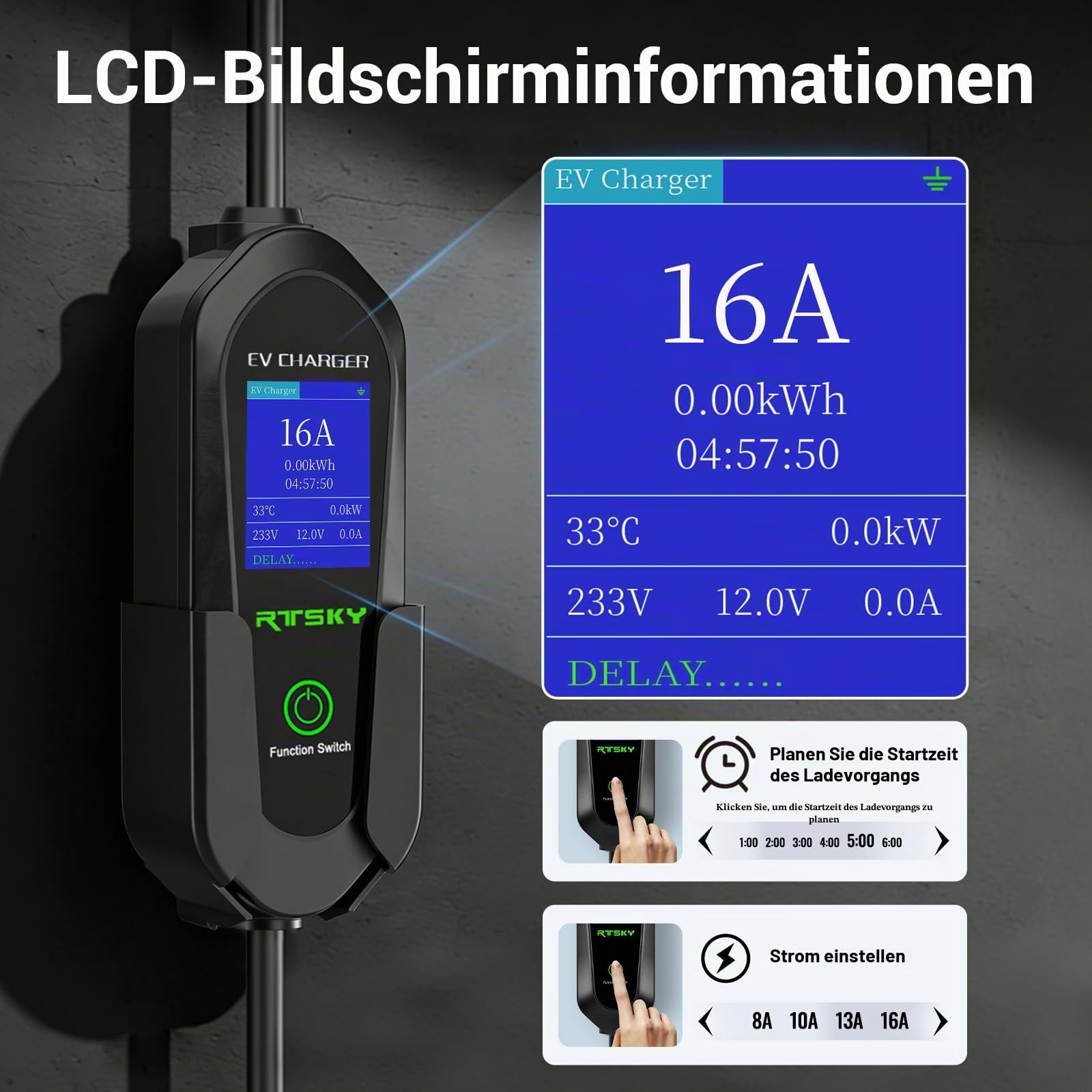 3,68kW Typ 2 Ladekabel Schuko 5M, 1-phasig 8-16A Einstellbar mit LCD Digitalanzeige, Tragbares Elektroauto Ladegerät für Tesla, ID.3, ID.4, BMW, Audi, Hyundai und andere PHEV/EV