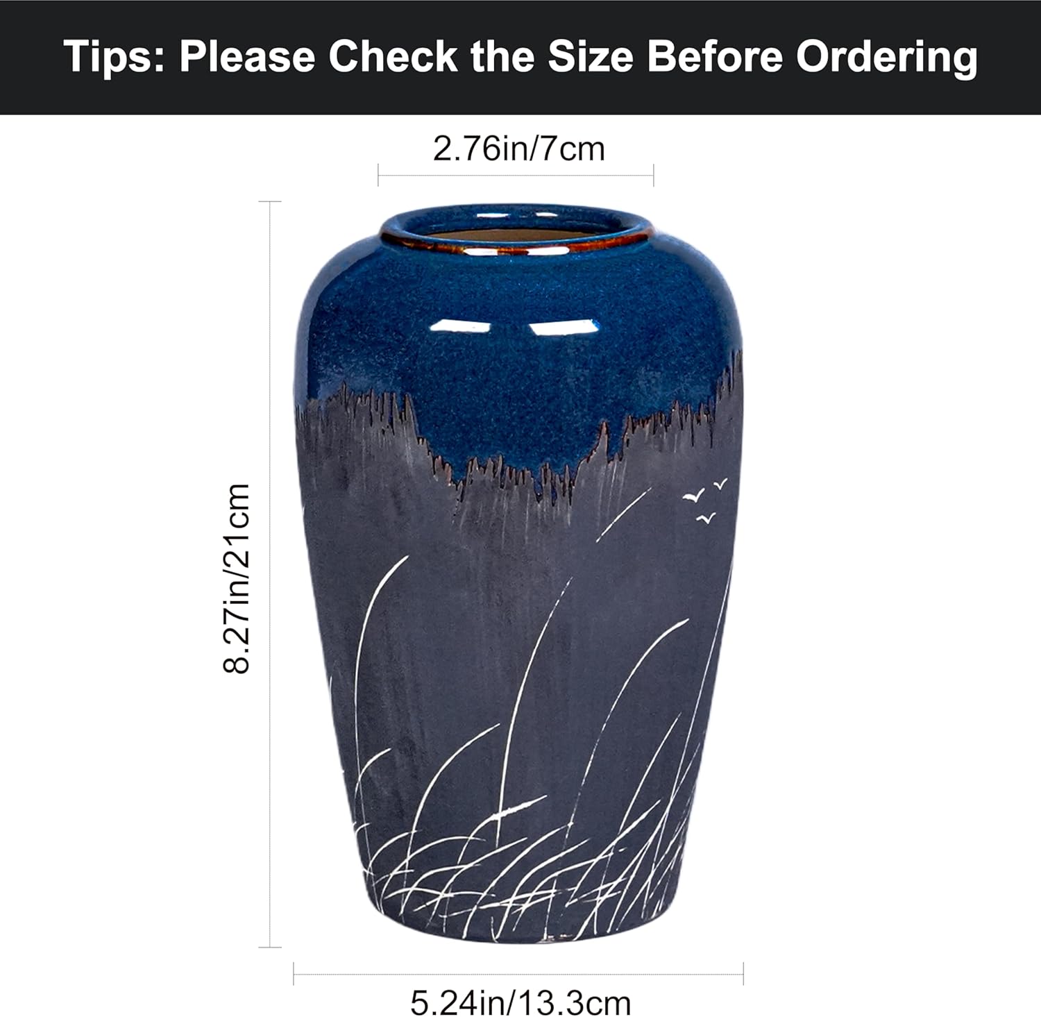 Black and Blue Vase, 8 Inch Blue Ceramic Vase for Flowers, Modern Decorative Vases for Home Decor, Coastal, Living Room Decor, Table Centerpiece