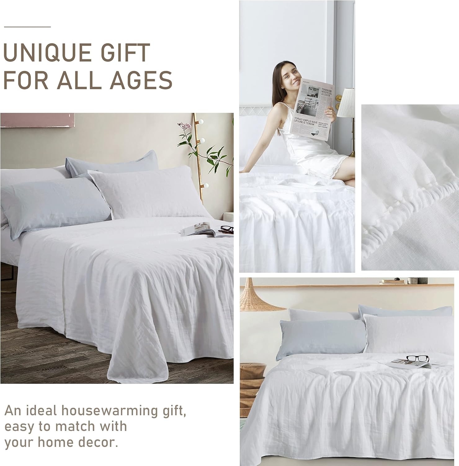EVERLY Linen King Size Sheets Set, 100% Stonewashed French Linen Bed Sheets Deep Pocket Sheets, 4 Pieces (1 Flat Sheet, 1 Fitted Sheet, 2 Pillowcases) Natural Flax Bedding Set, White : Home & Kitchen