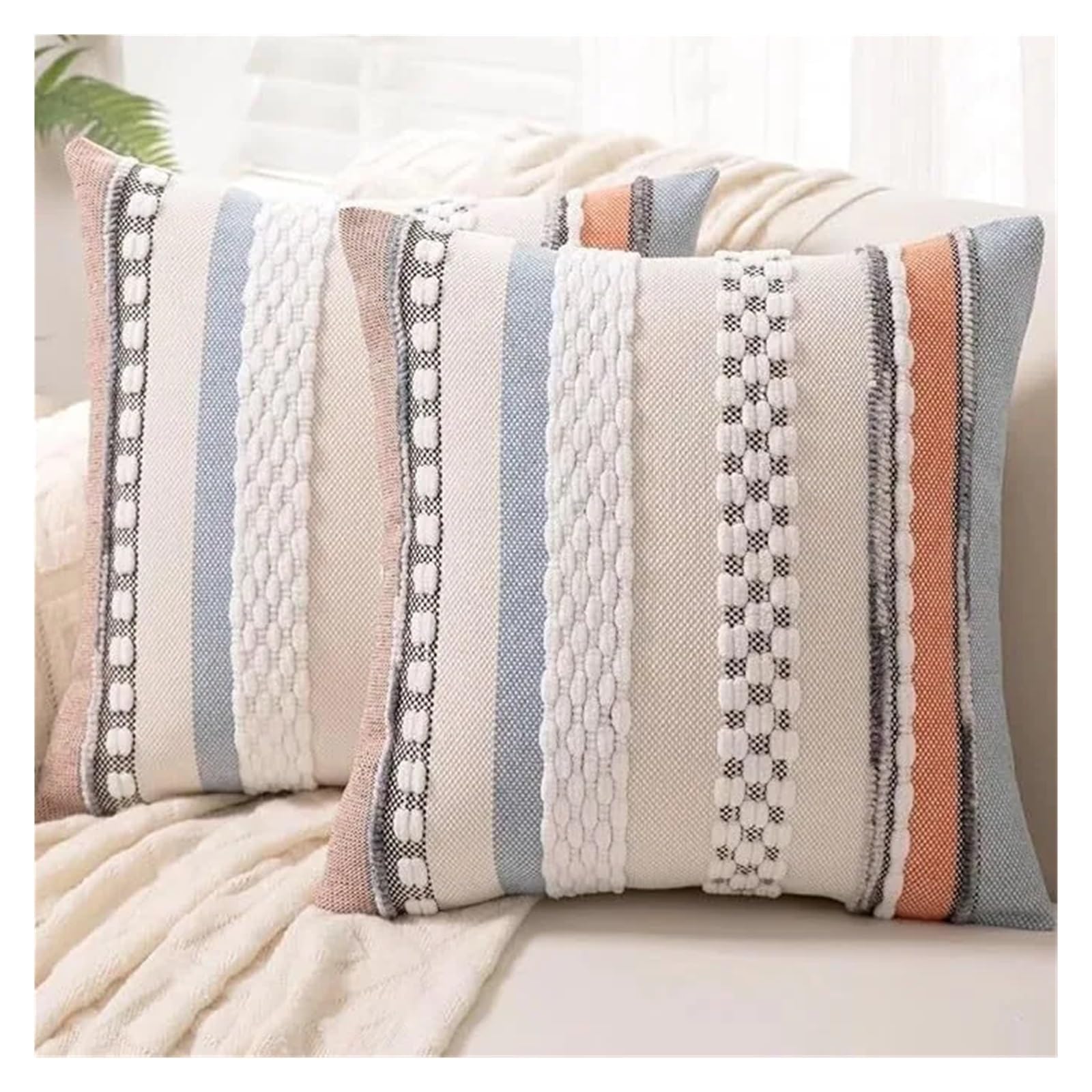 XPJYUA Chenille Pillow Covers Green Throw Pillow Cover 18x18 Decor Cushion Cases Multicolor Striped Chenille Accent Pillowcase(Beige)