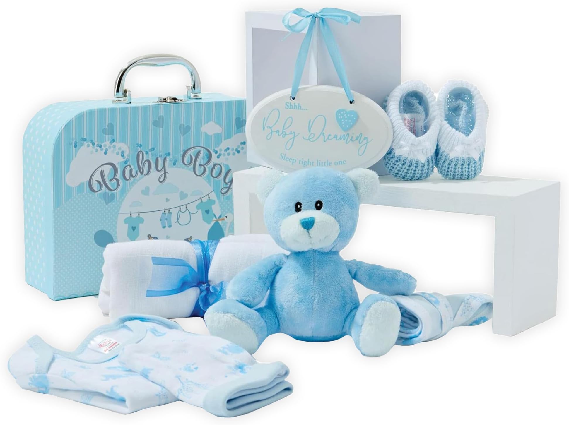 Baby Box Shop - Baby Boy Gift Set - Newborn Baby Shower Hamper, Baby Gift Box with Clothes, Toys and Keepsakes, Ideal for Newborns and New Parents