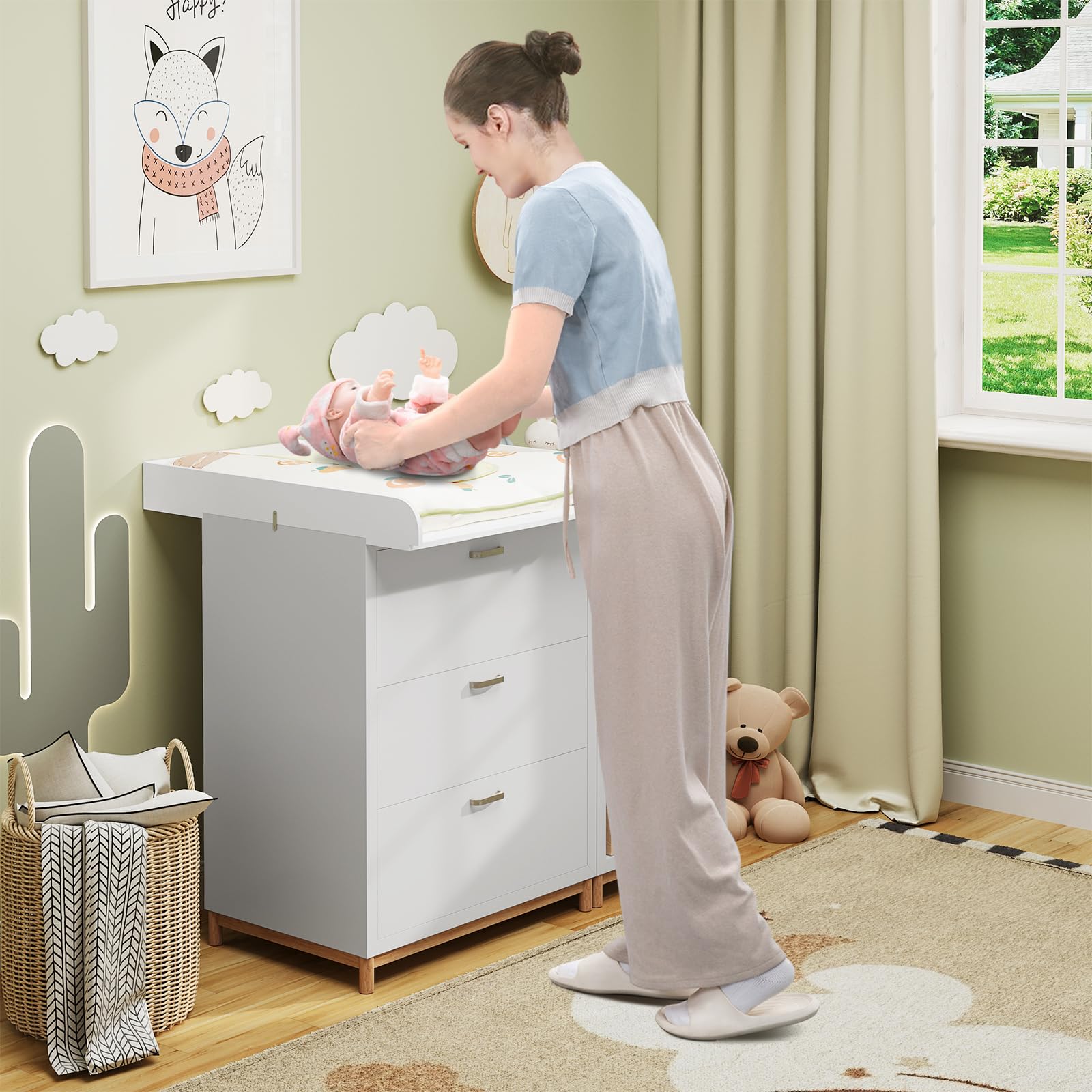 WOLTU Cambiador para Bebé 70x80x10 cm, Tablero Universal para Cómoda, Profundidad Ajustable 47,5-50 cm, Montaje en Pared, Accesorio en MDF, Color Blanco