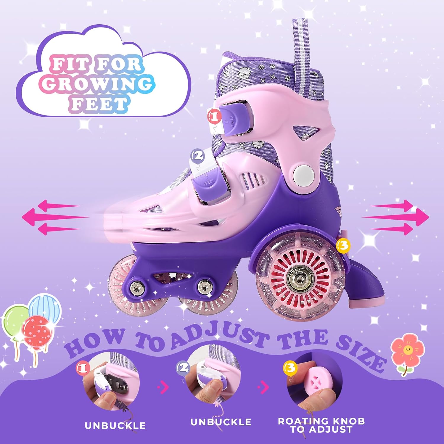 Toddler Roller Skates, 4 Adjustable Sizes, Light-up Wheels, Safety Three-Point Balance, Beginner Skates for Ages 3-8 Girls Boys Kids, Suitable Indoor & Outdoor Use