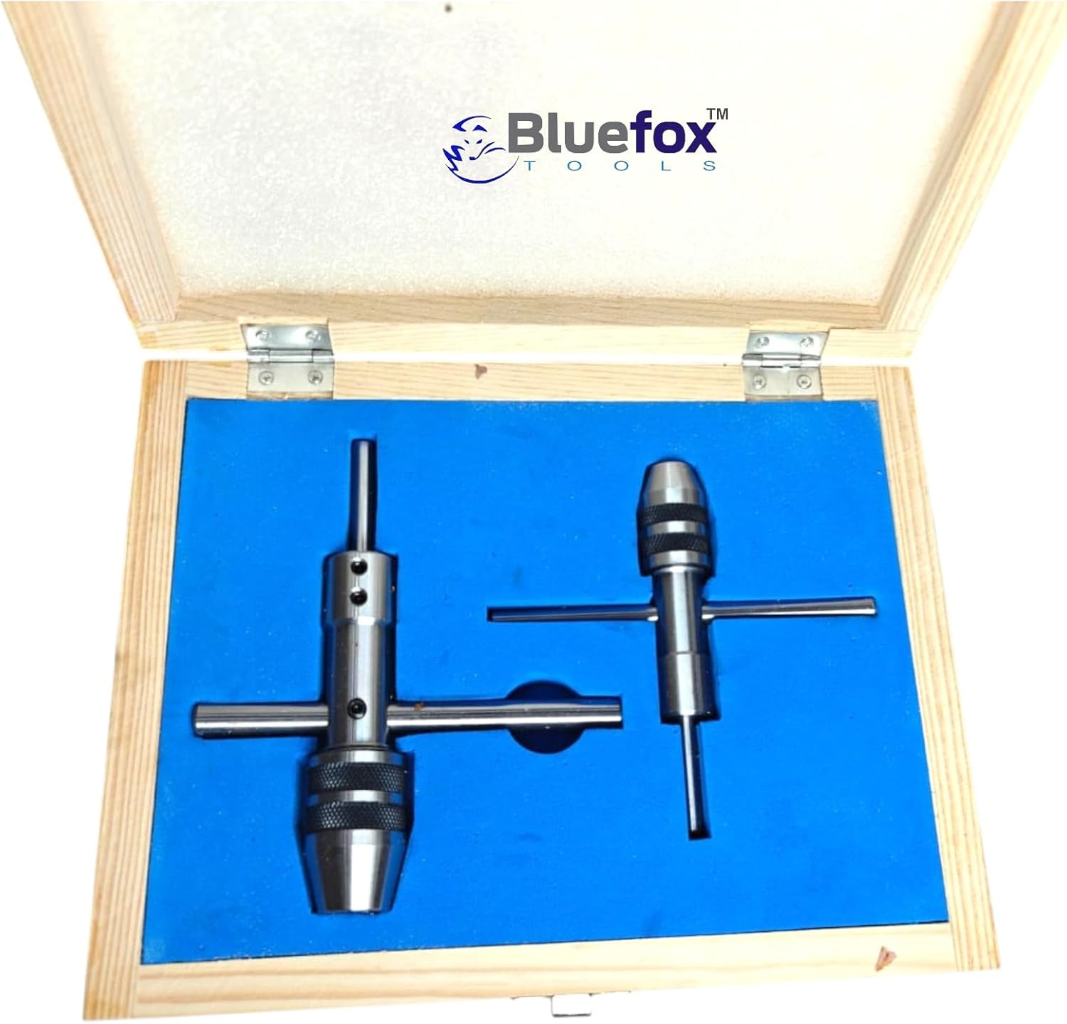 2 Piece Piloted Tap Wrench Set, Adjustable Tap Holder for Thread Tapping, Spindle Drill Capacity 1/16" to 1/4" & 1/2", Manual Hand Tap Wrench Tool, Heavy Duty Steel with Wooden Box