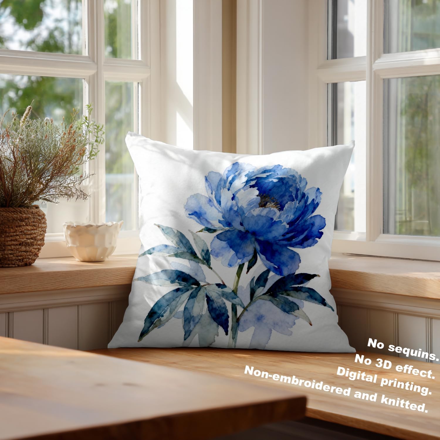 Batmerry Indigo Blue Hand Floral Bouquet Throw Pillow Covers, Watercolor White Flowers Decorative Pillow Covers Digital Printing Blended Fabric for Couch Sofa Bed Invisible Zipper 16X16 in(Set of 2)