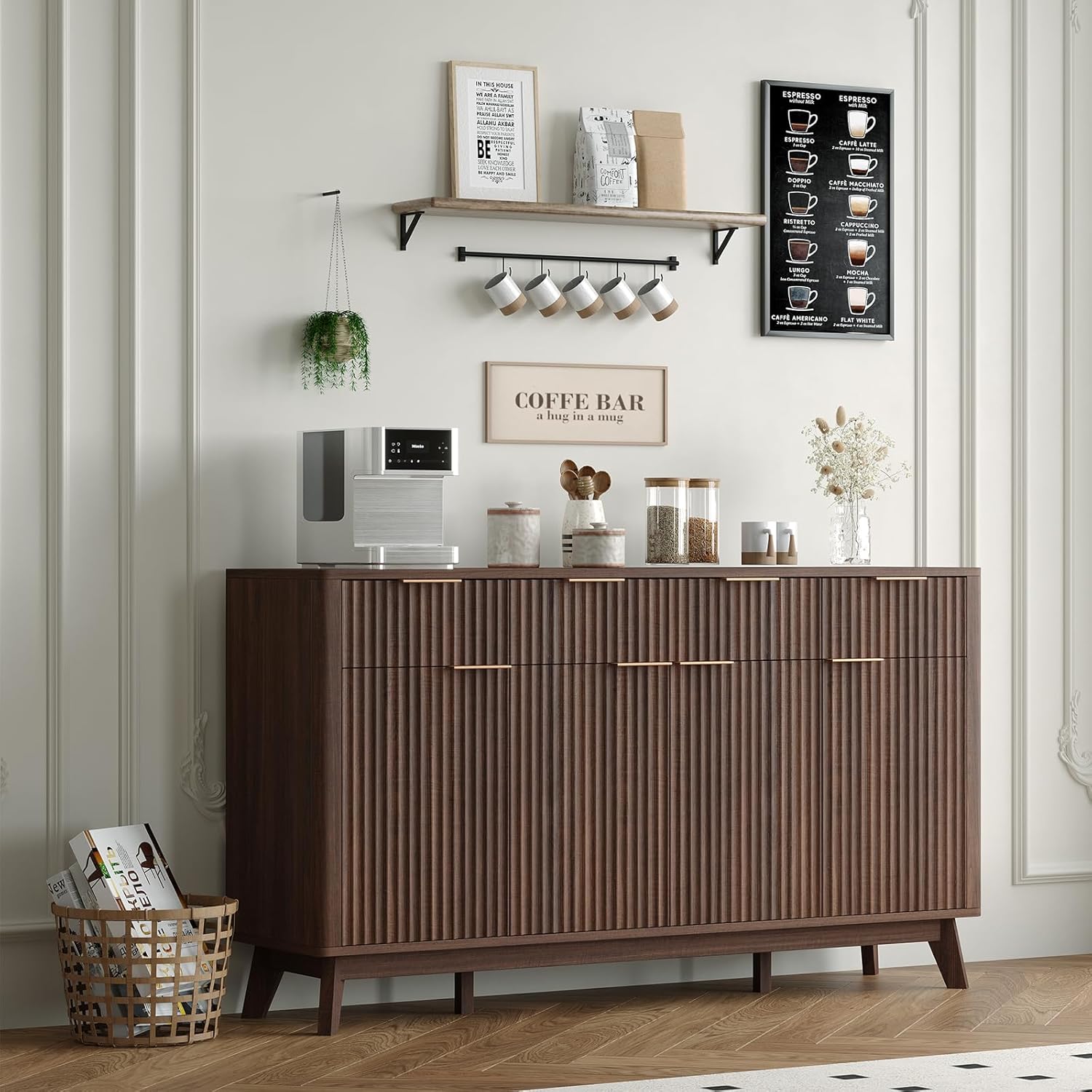 Garvee 60" Large Fluted Buffet Sideboard Cabinet with Drawers, Modern Farmhouse Buffet Storage Cabinet with Adjustable Shelves and Doors, Wood Coffee Bar Station Kitchen Console Table for Dining Room