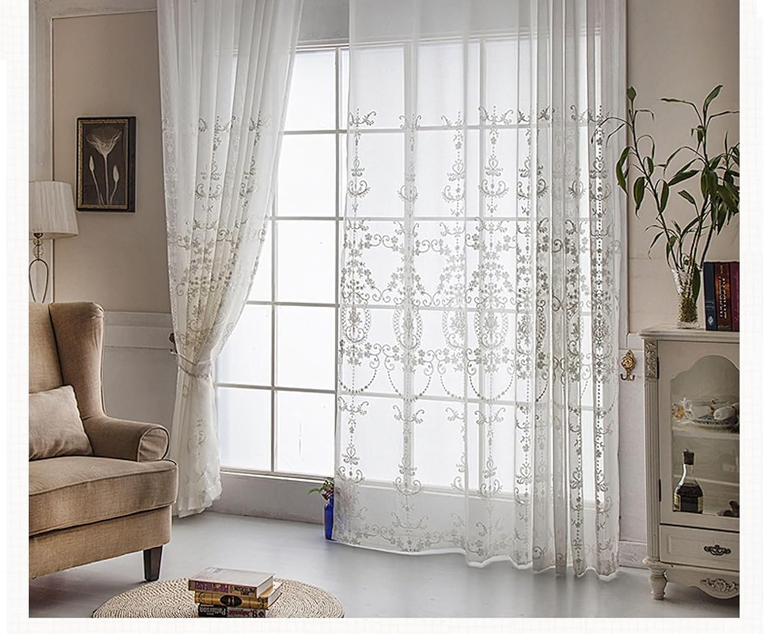 Daesar Window Curtains 2 Panel Sets 54 Inch Length, Hooks Tulle Curtains European Embroidered Flowers Pattern Voile Curtains for Living Room Kitcken Window Treatment, 42x54 Inch White