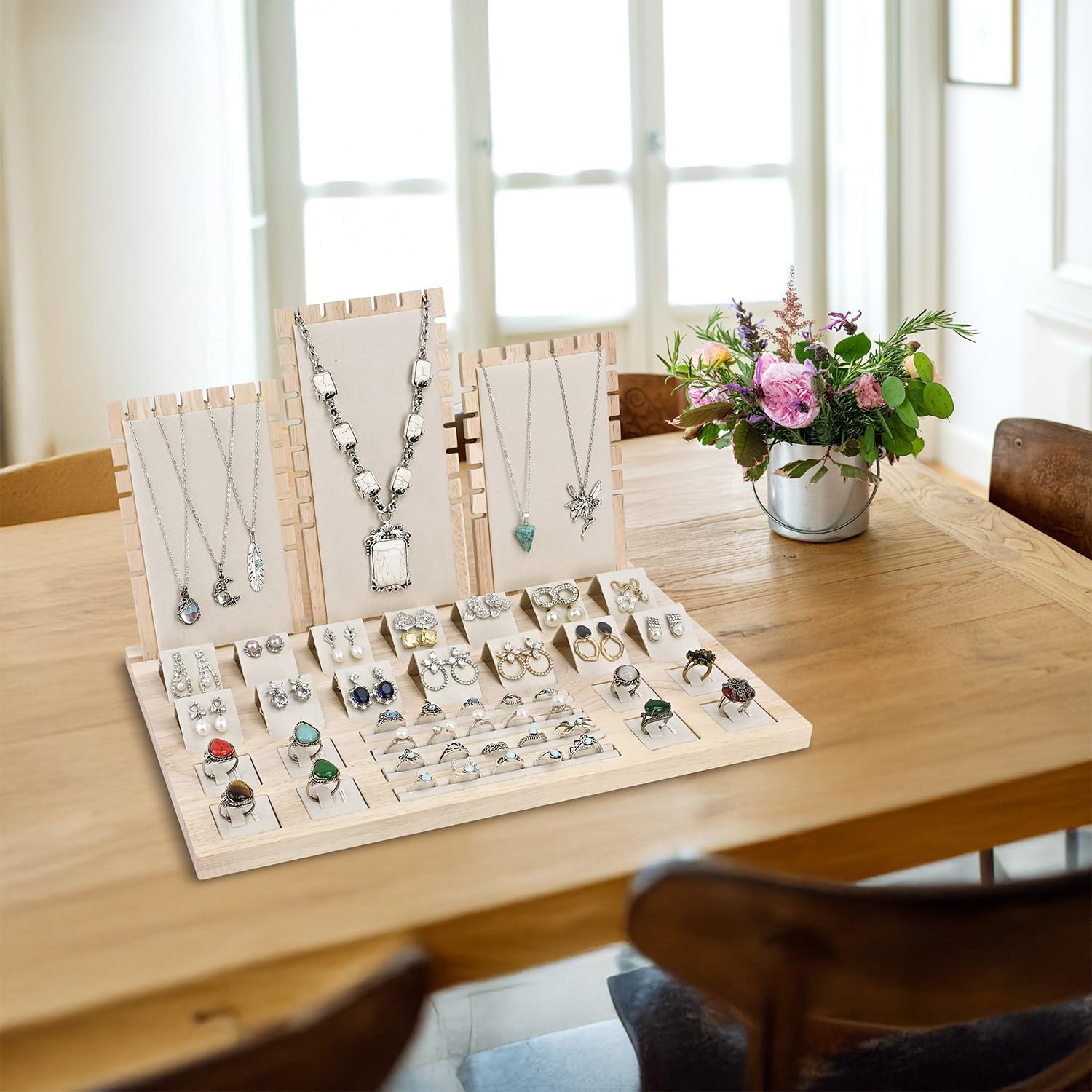 MOOCA Wooden Jewelry Display Stand Set - Versatile, Removable Organizer for Rings, Earrings, Necklaces and Pendants, Beige Suede, 15.3" W x 9.8" D x 9" H