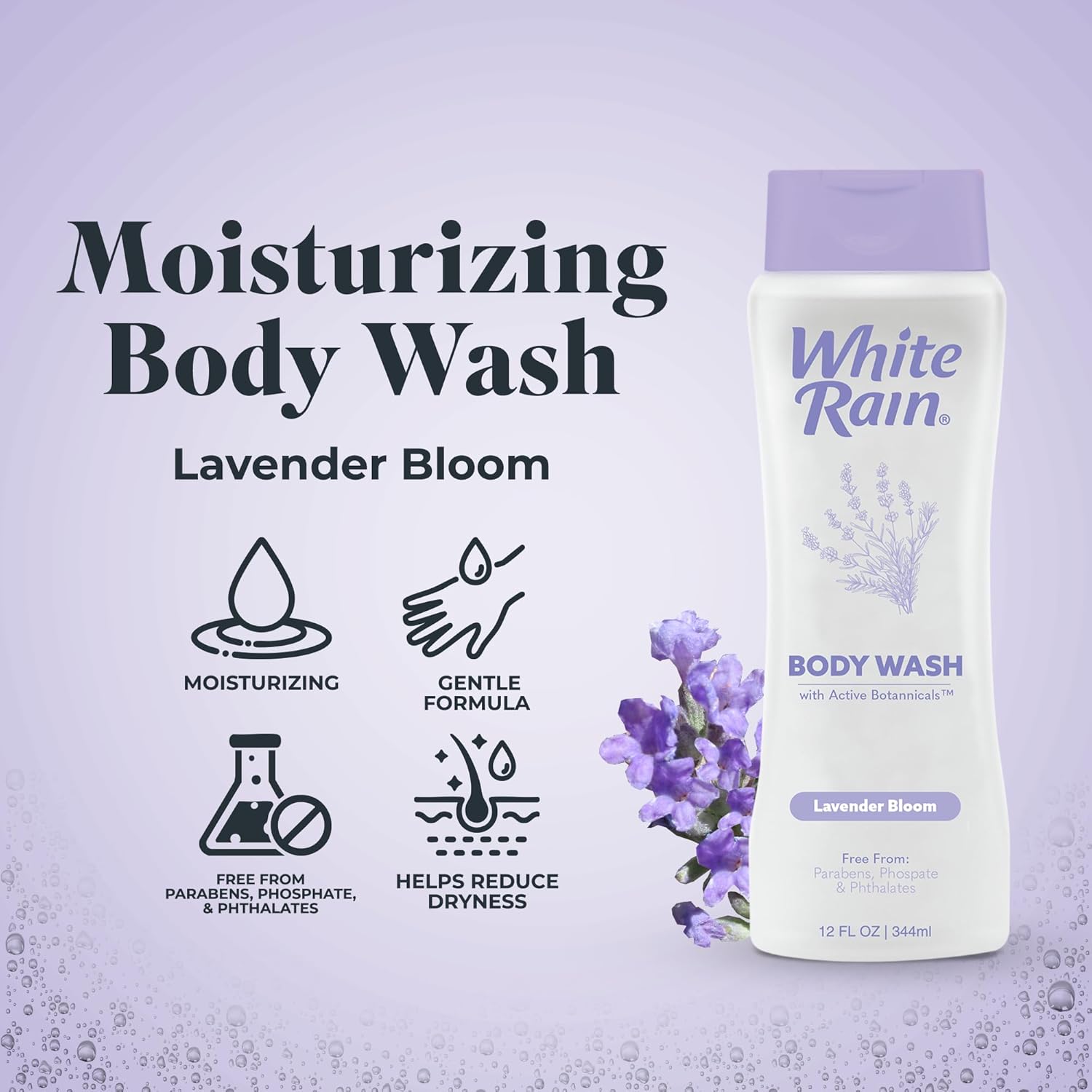 White Rain Lavender Moisturizing Body Wash for Women & Men - Lavender Body Wash for Dry Skin, Gentle Paraben-Free Formula with Botanical Extracts for Everyday Use, 12 fl oz, Pack of 3 - Image 2