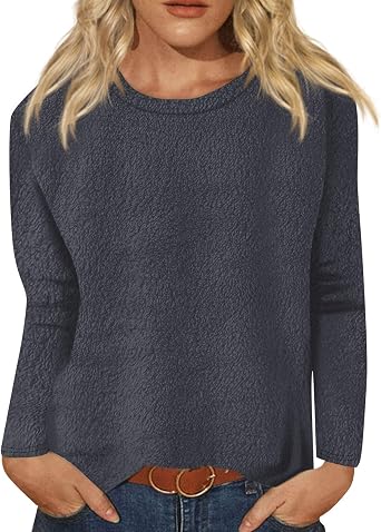 Flannel Shirt Women Crew Neck Oversized Long Sleeve Shirts Fleece Trendy Casual Loose Fit Basic Plus Size Tunic Tops