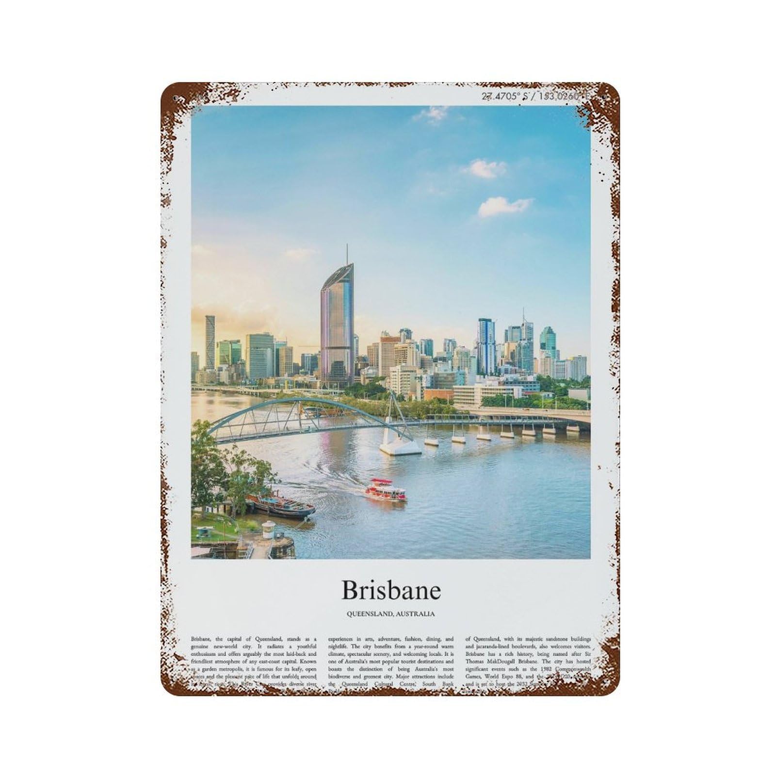 xiaoxiaoshen Brisbane Queensland, Australia City Scenery Wall Decor Art Metal Tin Poster Modern Home Decor Art Home Bar Shop Decorations Vintage Sign 40x30cm