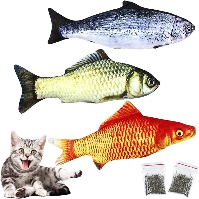 Natuce 3PCS 30 cm Catnip Fish Toys for Cat and 2 Packs Catnip, Cat Toys with Zipper, Cat Fish Pillow, Cat Catnip Toys, Cat Chew Toys, Pet Toy, Cat Pillow, Teeth Cleaning, Interactive Plush Cat Toys