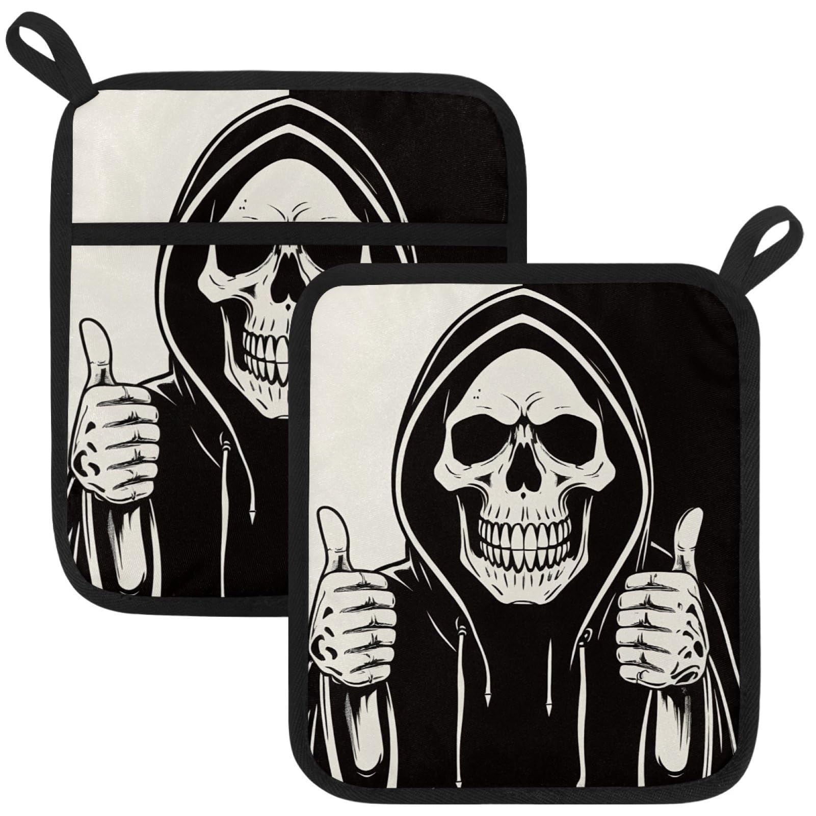 VAPOKF Funny Skull Pot Holders with Pocket for Kitchen Heat Resistant Potholders Large Polyester-Cotton Square Oven Mitts Set