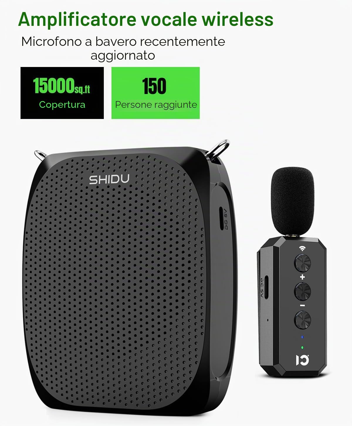Amplificatore Vocale Portatile con Microfono a Clip per Insegnanti | Megafono vocale portatile, Professionale Amplificatore Vocale Bluetooth con 2 Microfonos Lavalier, 2600mAh Ricaricabile