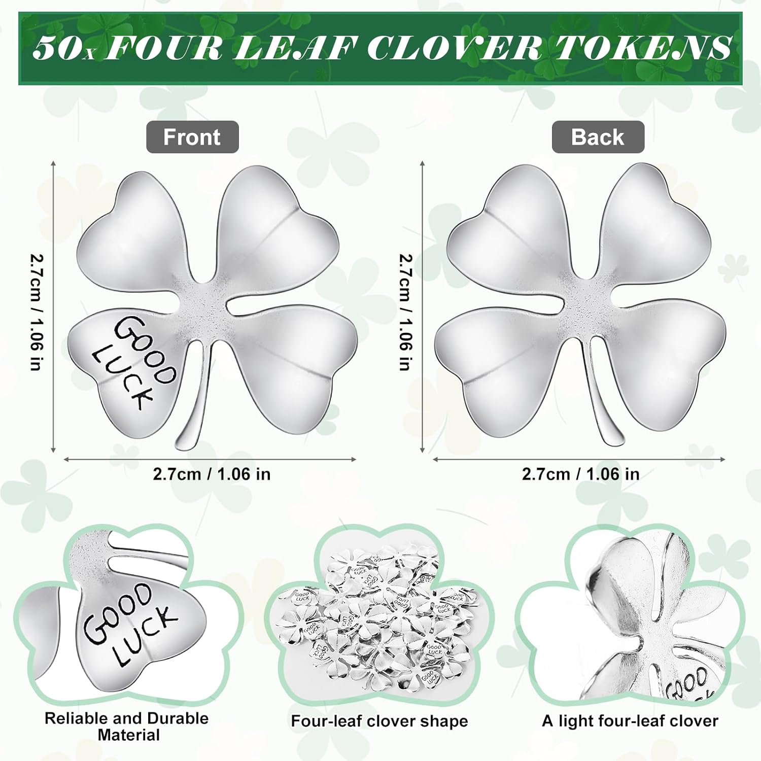 Ferreve St. Patrick's Day Good Luck Coins Four Leaf Clover Tokens St. Patrick's Day Pocket Tokens Blessing Poem Cards Good Luck Coins Charm for Friends Employee Coworkers Irish Gifts(Silver,36 Pcs)