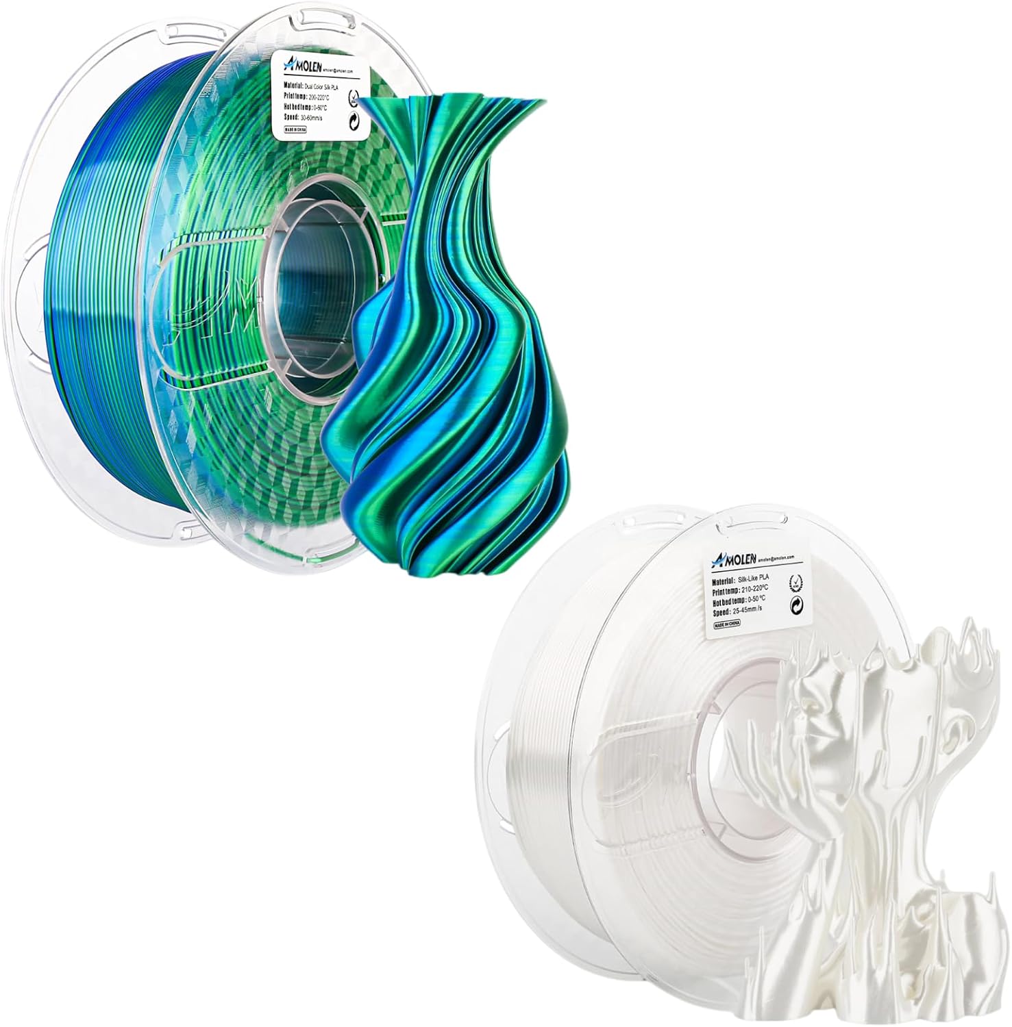 AMOLEN Silk PLA Filament 1.75mm 3D Printer filaments, Shiny White & Dual Color Blue Green Filament for 3D Printing
