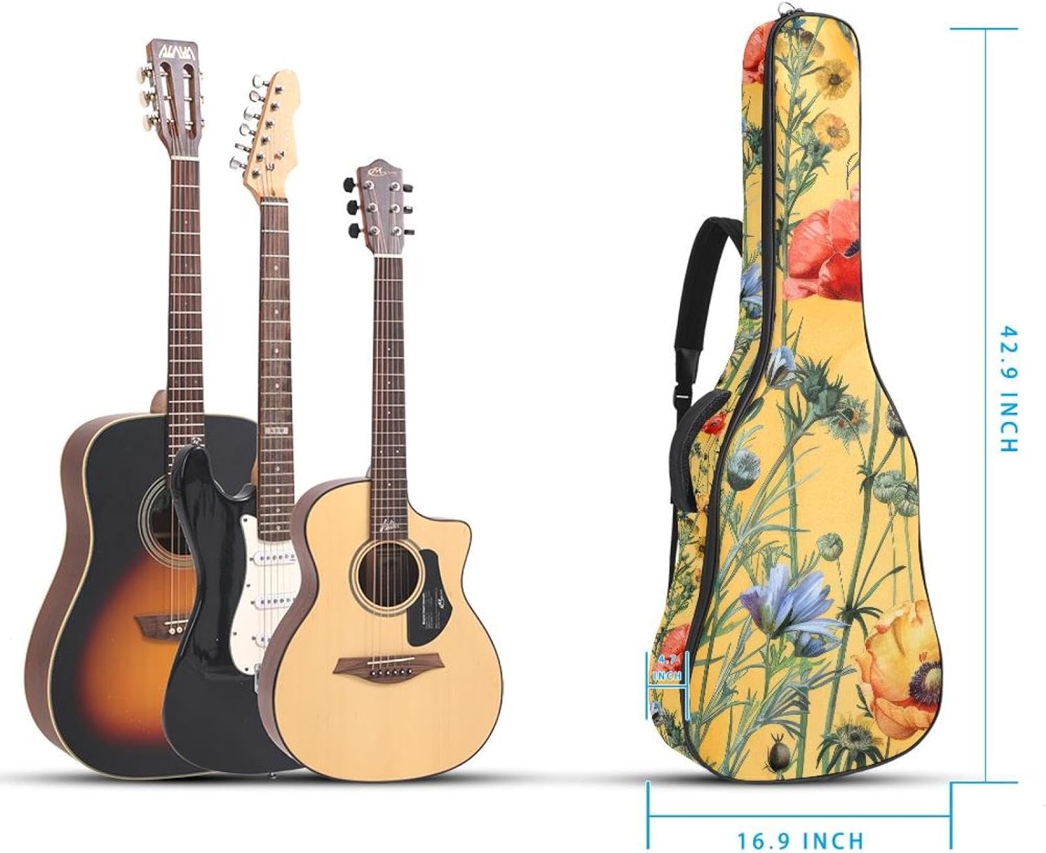 Acoustic Guitar Gig Bag 10mm Thick Padding, Soft Waterproof Guitar Case with Adjustable Backpack Straps for 40-42 Inch Guitar, Watercolor Wild Flowers on Colored Background