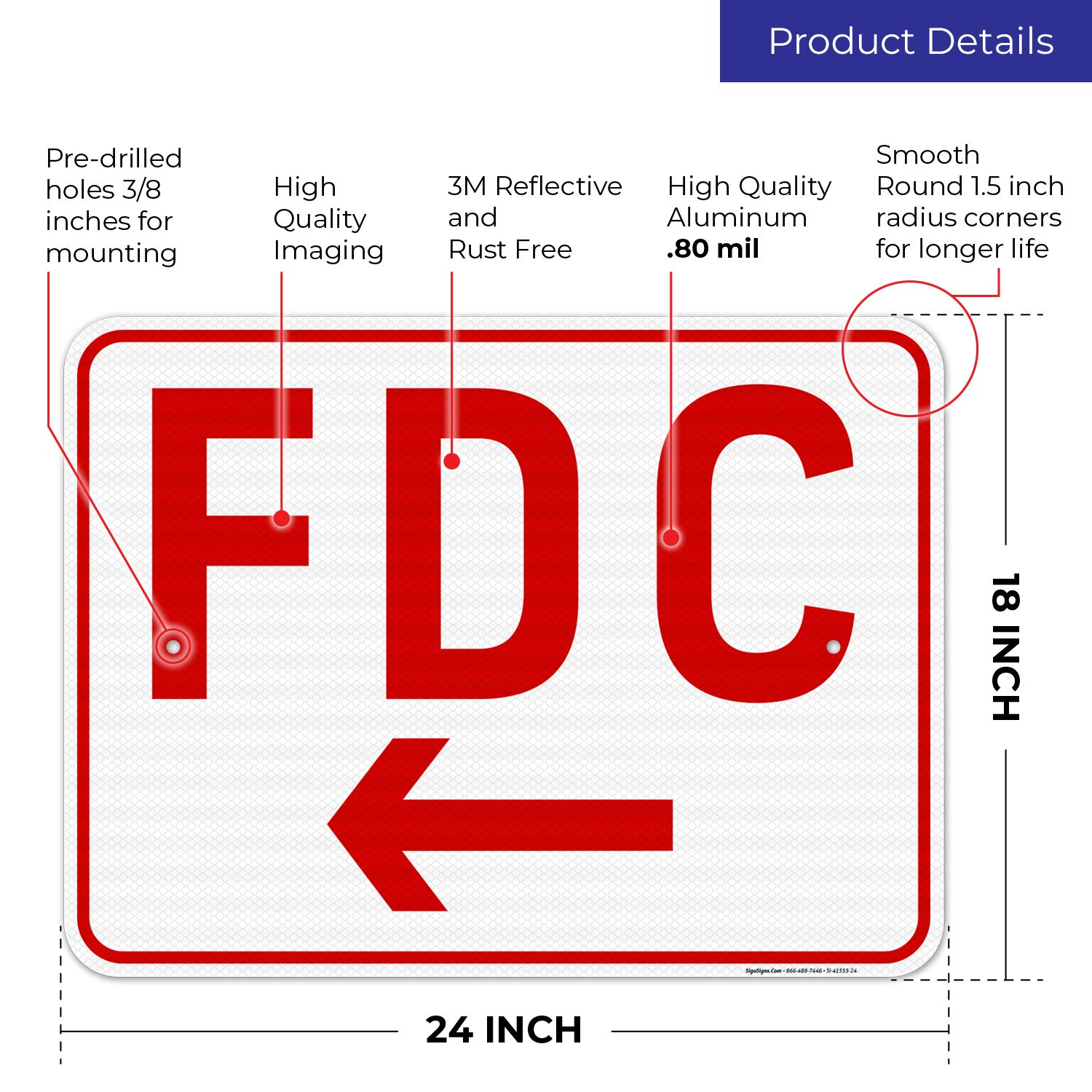 FDC Left Arrow Sign, 18x24 Inches, 3M EGP Reflective .080 Aluminum, Fade Resistant, Easy Mounting, Indoor/Outdoor Use, Made in USA