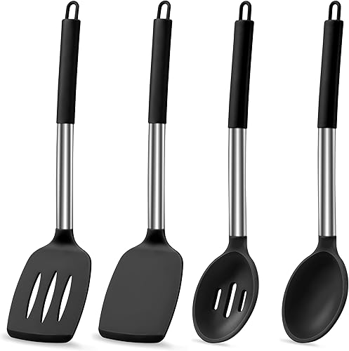 LIANYU Juego de 4 utensilios de cocina de cocina, espátula de silicona para utensilios de cocina antiadherentes, herramientas de cocina resistentes