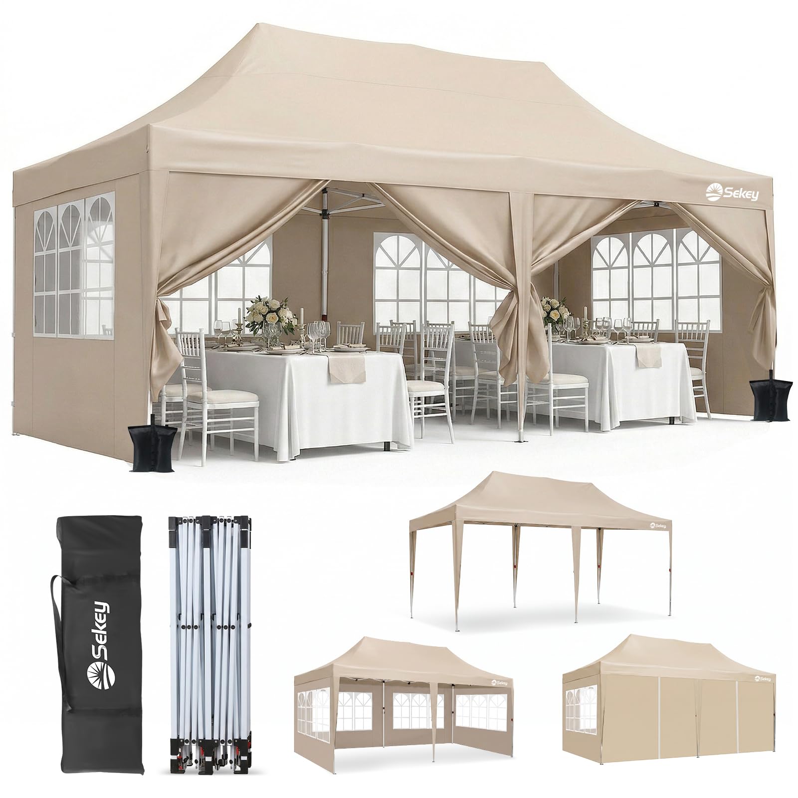 Sekey Faltpavillon 3x6 Wasserdicht Stabil Winterfest mit Seitenwand, Gartenpavillon mit Hoher Spitze, PU1000+ & UV50+, Pop Up Pavillon Partyzelt für Garten/Camping, Event Serie 3x6,