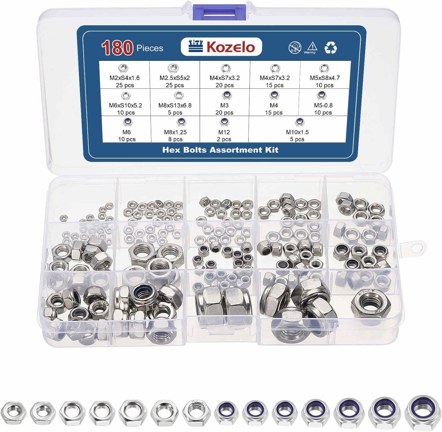 – 180pcs Hex Nuts Assortment Kit - [M2 M2.5 M3 M4 M5 M6 M8 M10] 304 Stainless Steel 18-8 (A2-70) Hardware Nuts with Nylon Insert Lock Hex Nuts Set for Mechanical Repair & Assembly