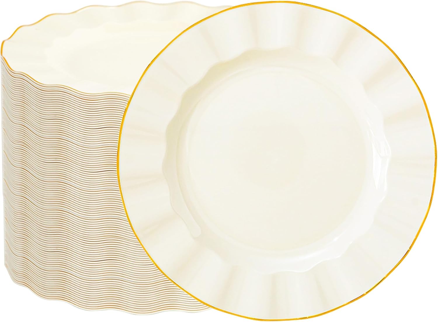 100 Pack Ivory Plastic Plates, 7in Disposable Wave Edge Dessert Plate Heavy Duty Elegant Round Salad Plates for Party, Wedding
