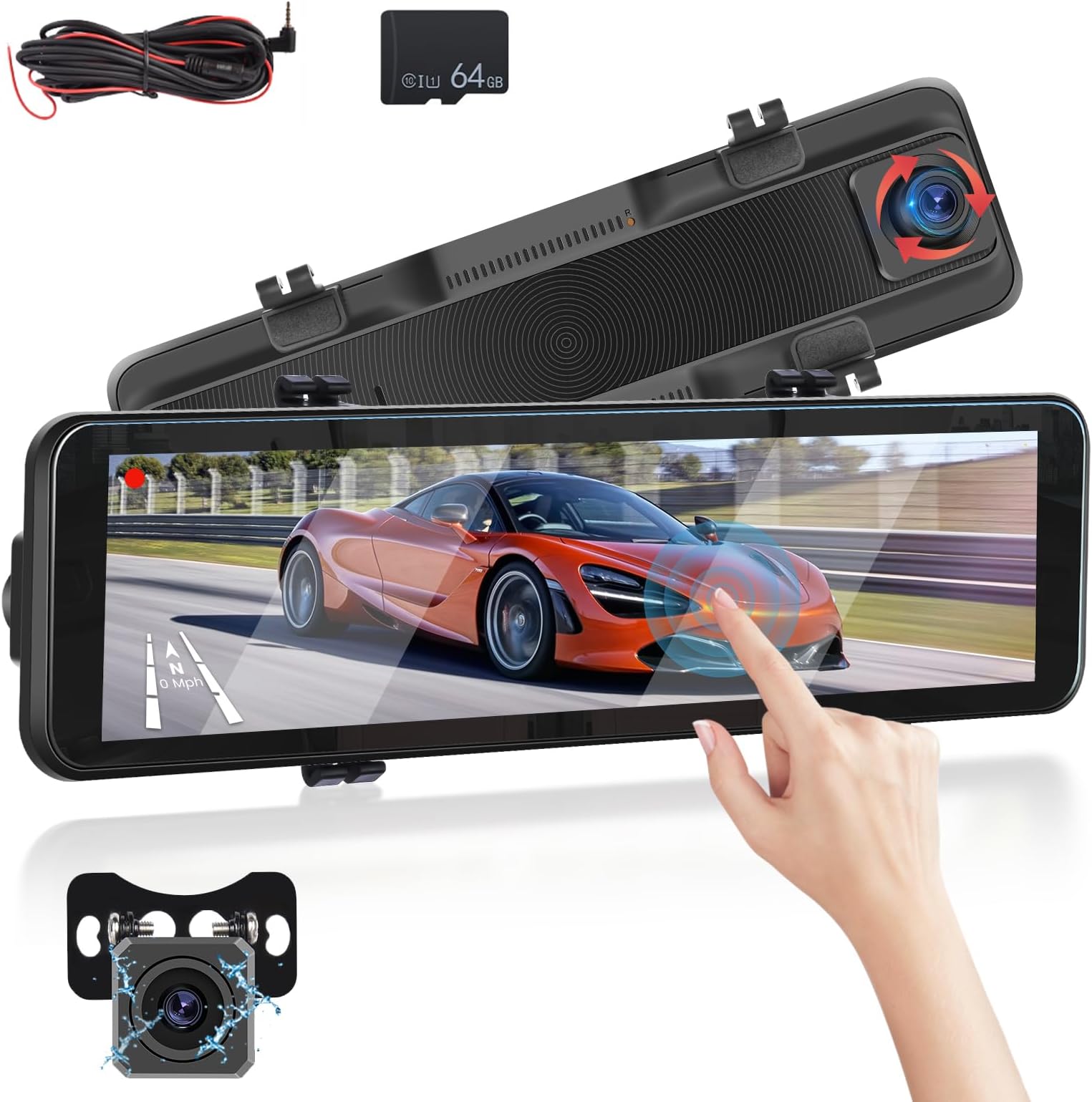 Smart Rear View Mirror - 10 Inch IPS Touch Screen Mirror Dash Cam - Night Vision Motion Detection Parking Monitor - Front and Rear View Dual Cameras for All Vehicles + 64GB Card