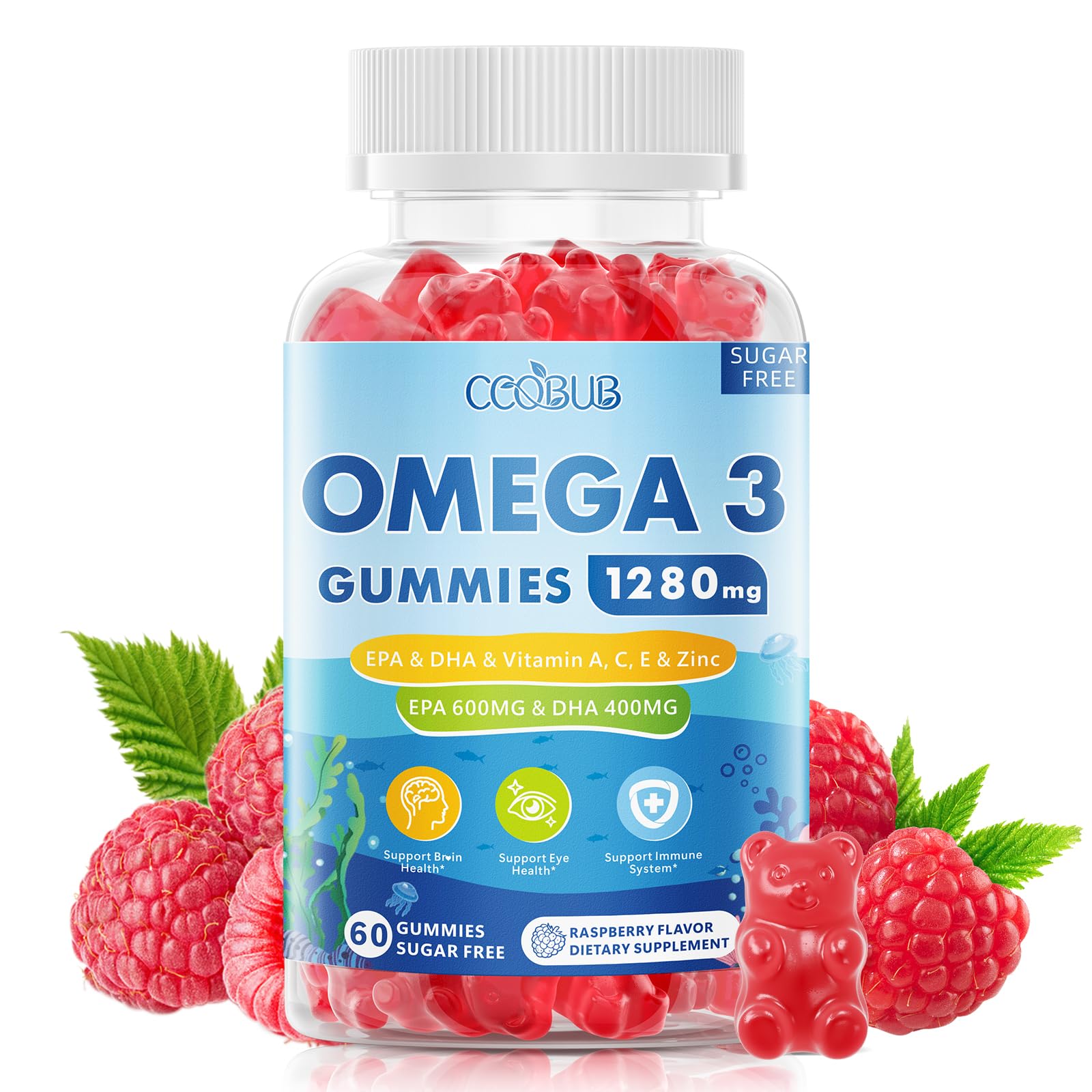 Omega 3 Gummies 1280mg, Omega 3 Supplements for Women, Raspberry, 60 Count
