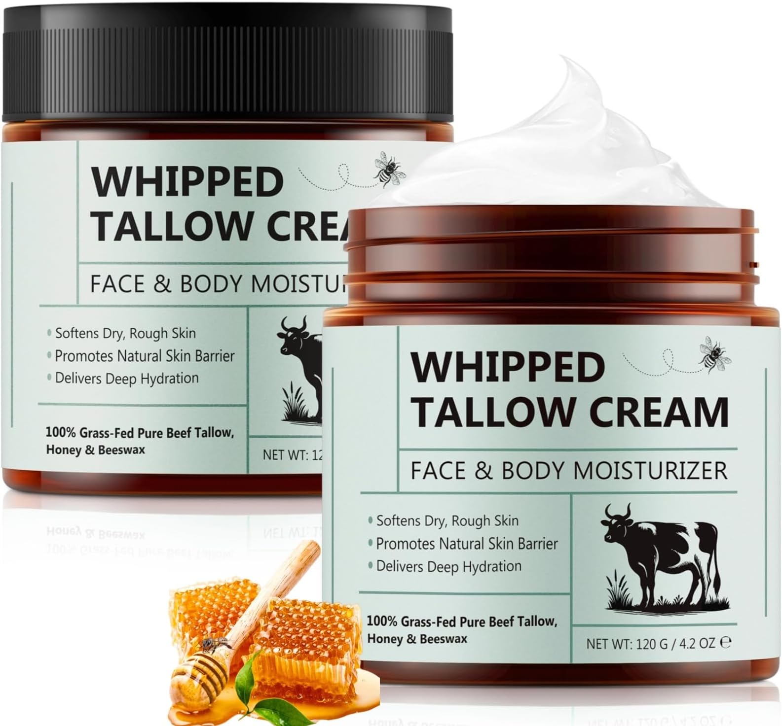 Beef Tallow for Skin, Beef Tallow Moisturizer, 8.4 oz Organic Whipped Grass Fed Beef Tallow with Honey Cream for Face & Body, Unscented