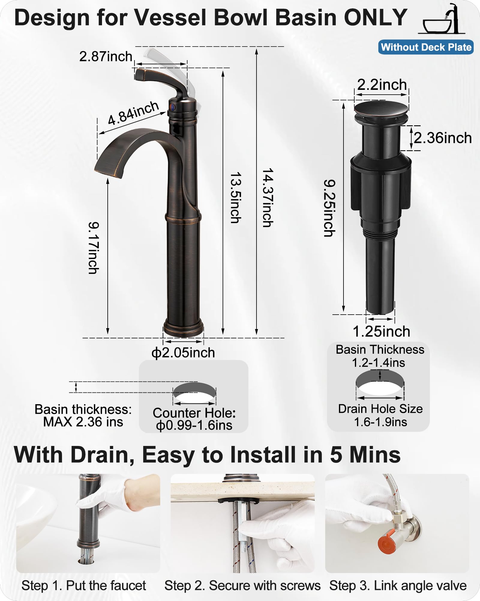 Waterfall Vessel Sink Faucet Oil Rubbed Bronze Brass Tall Bathroom Faucet with Pop-up Drain cUPC Supply Hoses Single — view 6
