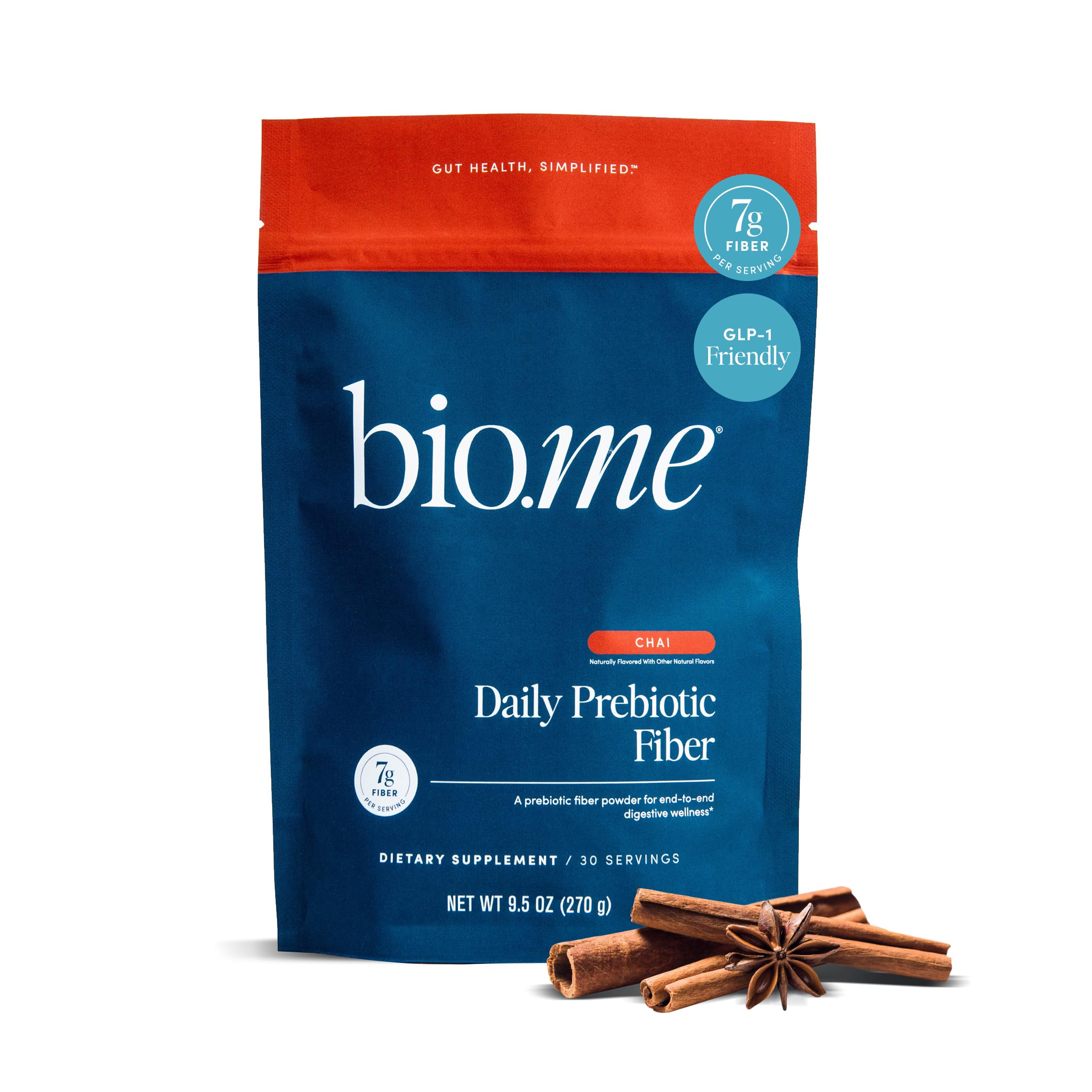 Bio.me Daily Prebiotic Fiber Powder Chai - 7g Per Serving - Soluble & Insoluble Fiber Supplement Powder for Women & Men - Digestive Health & Gut Health - GLP-1 Friendly, Sugar Free - 30 Servings