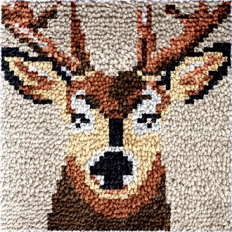 Beginner Mini Size Latch Hook Kits Deer Set Acrylic Yarn Rug,Mat,Cartoon Pattern Craft Kits with Printed Canvas for Starter Kids Adults - 12 x 12 Inch
