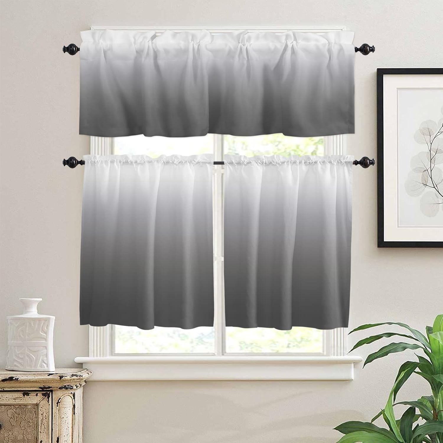 Double Love Ombre Grey and White 3 PCS Kitchen Curtain Valance and Tiers Set, Rod Pocket Small Half Tier Valances Window Curtains Panel, Abstract Art 55"x24" (Set of 2 Tiers & Valance)