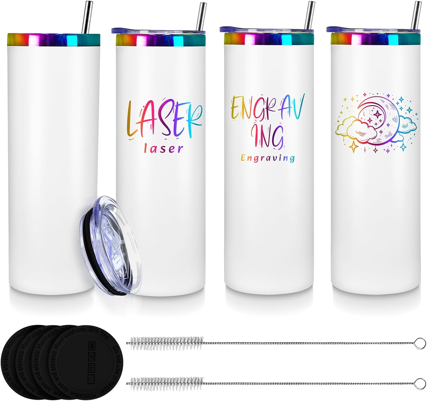 XccMe 20oz Laser Engraving Straight Skinny Tumblers,4PACK Stainless Steel Skinny tumblers with Lids and Straws,Insulated Vacuum and Powder Coated Coffee Mug for Hot and Cold Drinks (White)