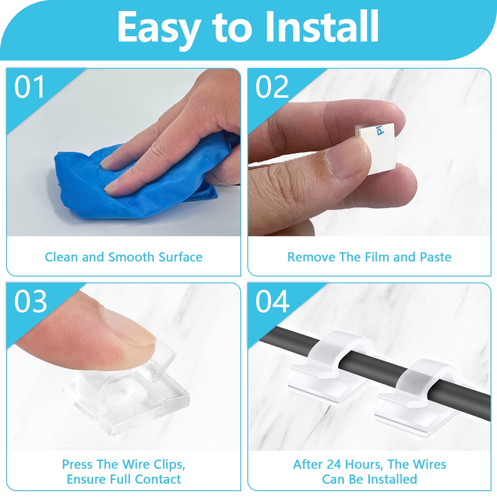 100PCS Cable Clips Adhesive Wire Clips Organizer Cord Clips Management Cable Staples Outdoor Strong for Wall Desk Christmas — view 4