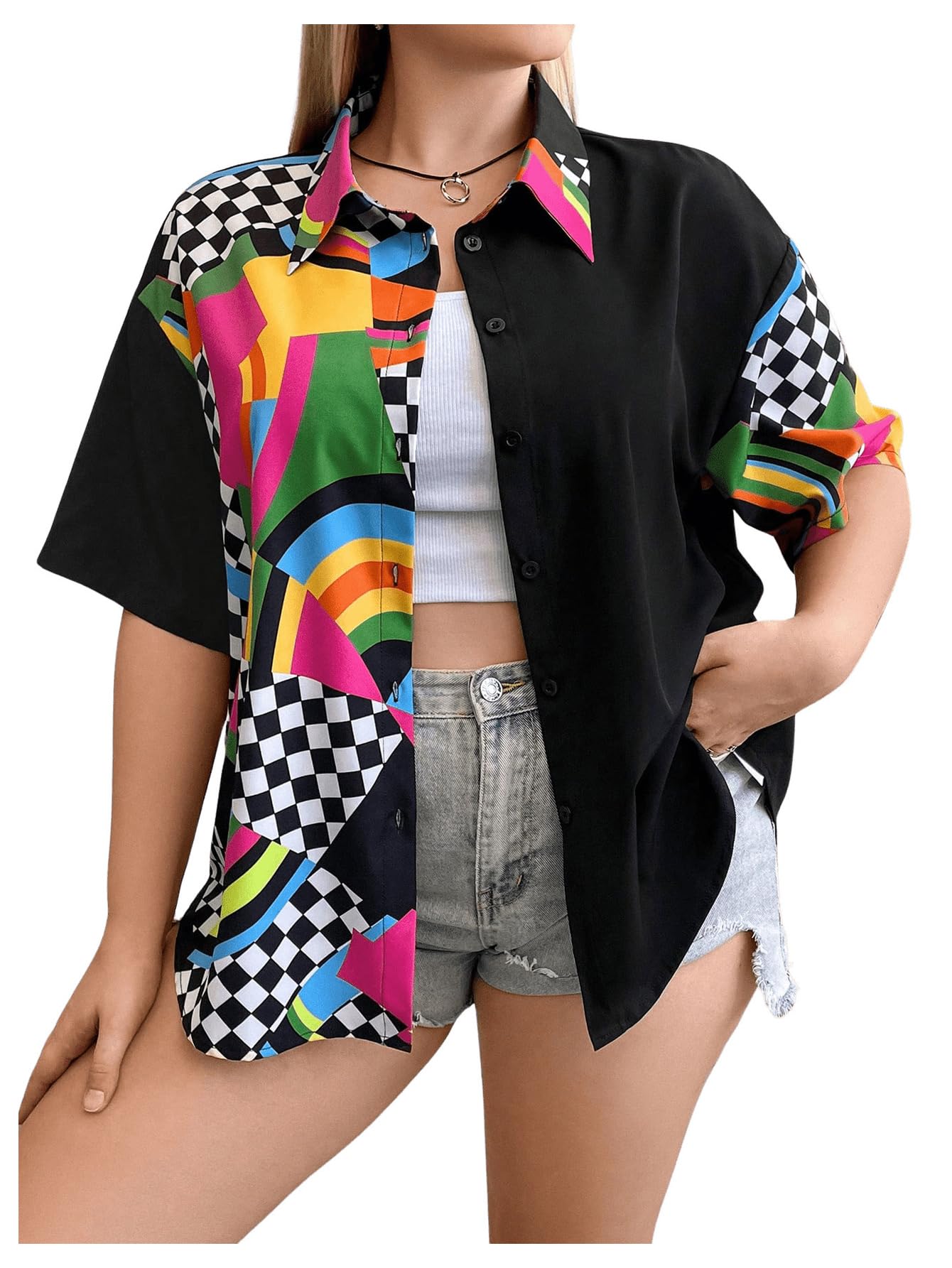 Photo 1 of Verdusa Women's Plus Size Color Block Drop Shoulder Button Up Shirt Half Sleeve Blouse Top 3X-Large Plus Black