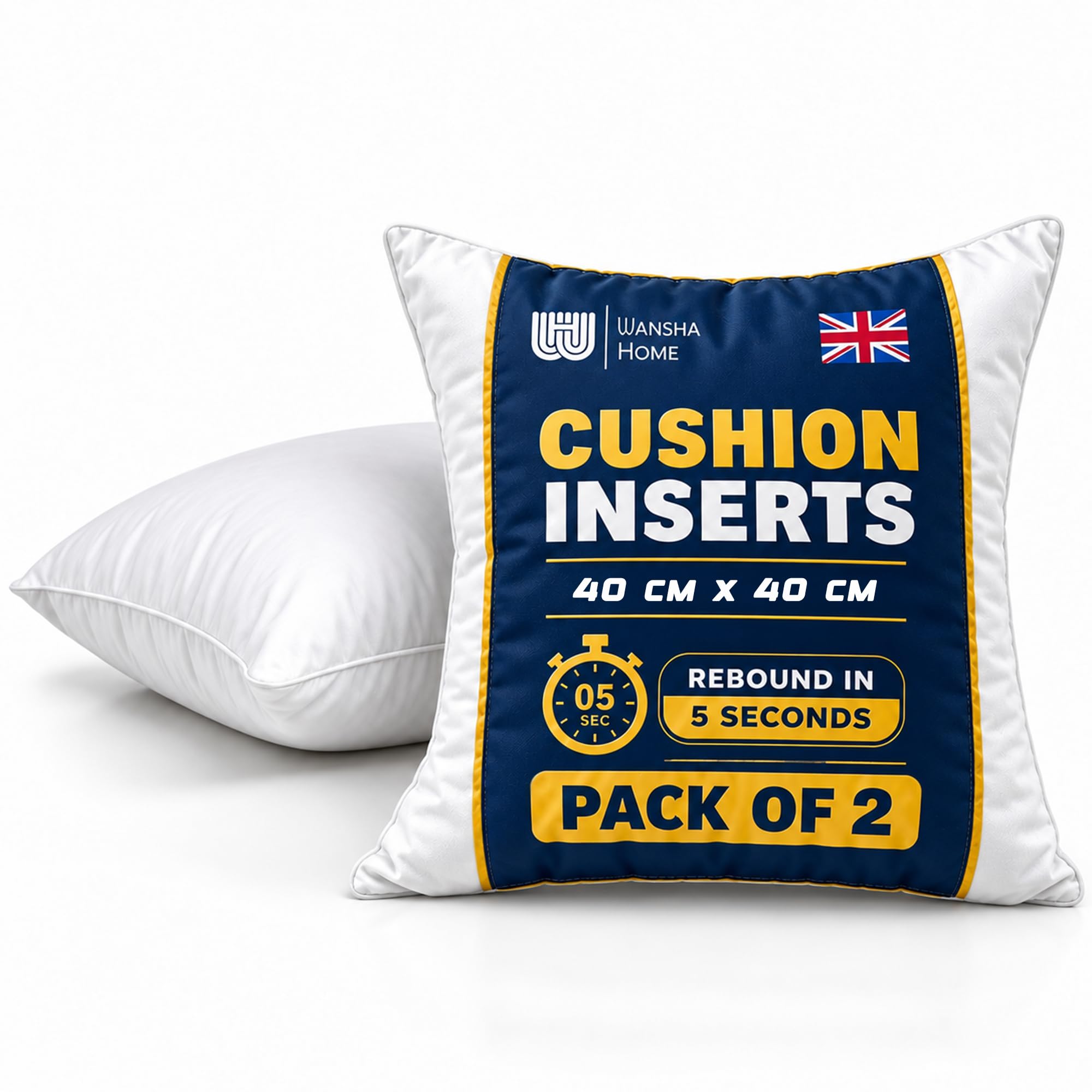 WANSHA HOME Cushion Inserts Cushion Pads 16 x 16 inches Cushion Inner - Pack of 2 (40 x 40 cm) White Hollowfibre Square Cushions Stuffer Inserts, Bed Sofa Couch Pillows