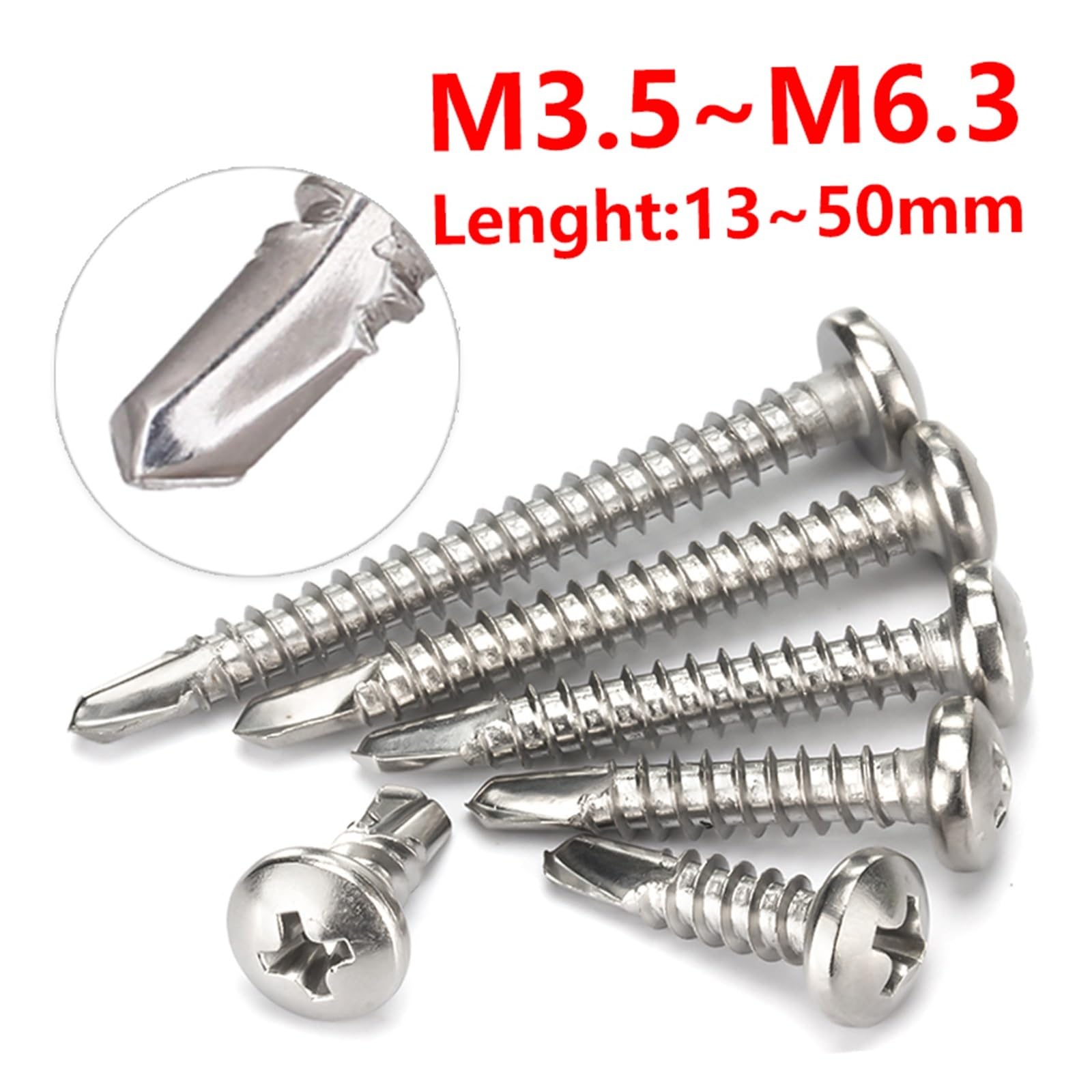 200 pezzi, viti a filettatura singola, viti for legno multiuso, 6#8#10#12#14 Phillips in acciaio inossidabile vite autoperforante filettatura vite autofilettante bullone M3.5-M6.3 testa cili