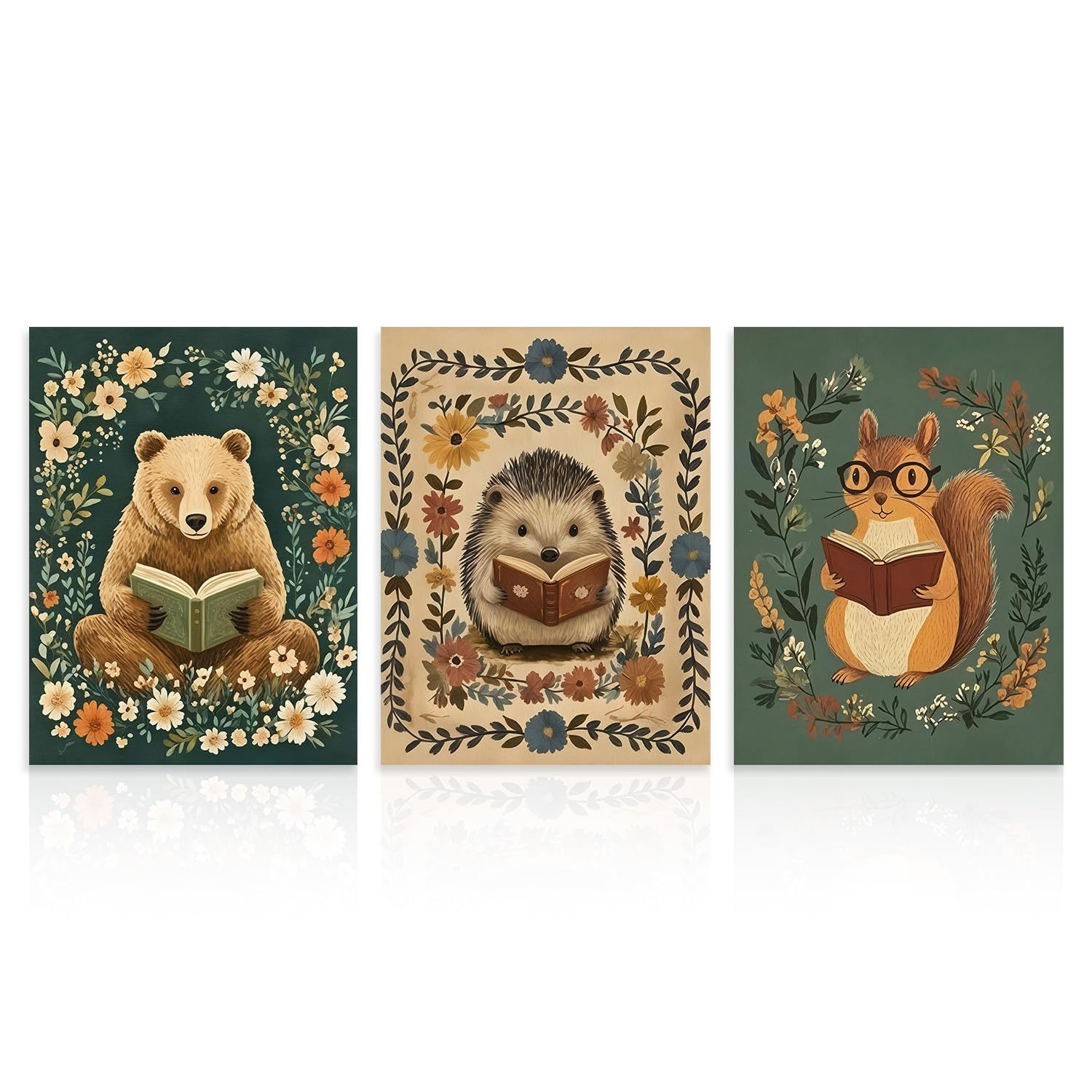 Dazzlewall 3Pcs Woodland Animal Reading Wall Art Set, Folk Art Bear Hedgehog Squirrel Posters for Nursery Playroom Decor 12x16 in Unframed