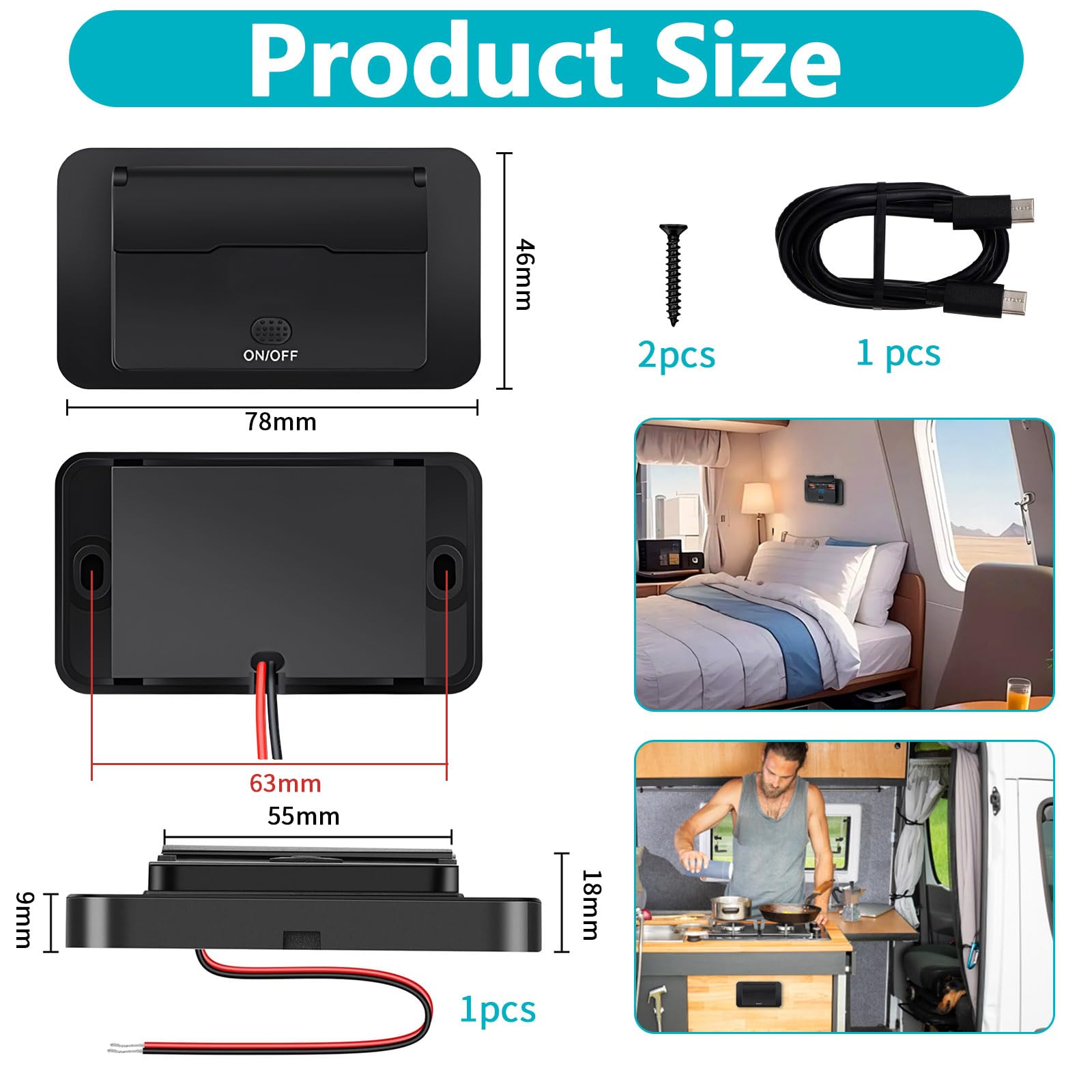 76W 4 Port Prise USB 12V Camping Car Encastrable Double 36W PD & Double 18W QC3.0 avec Interrupteur et Couvercle Etanche Prise Chargeur Voiture USB C Montage Surface pour Bus RV Camion Marine