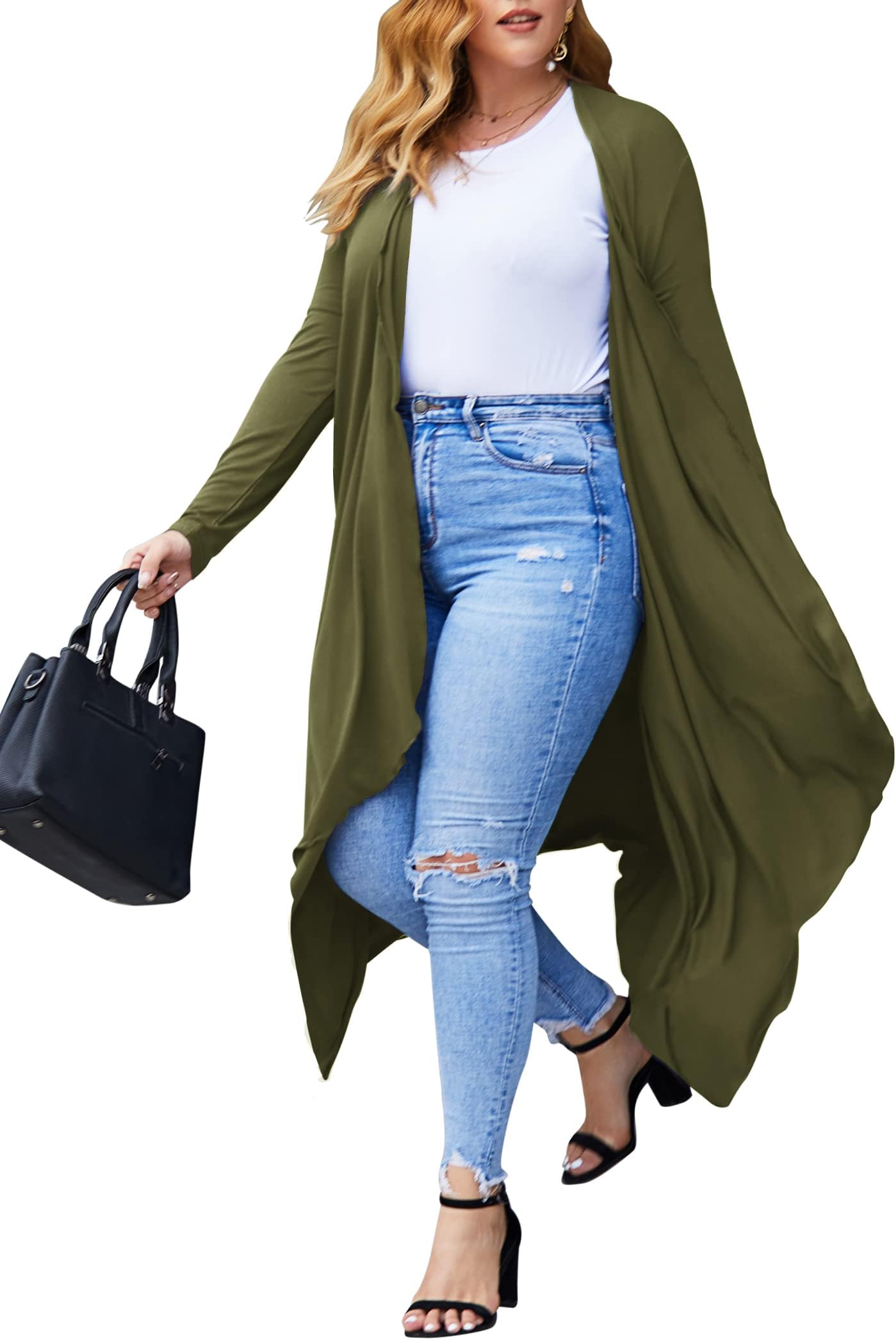 Women's Plus Size Cardigan Long Sleeve Open Front Drape Cardigans Lightweight Long Duster（L-5XL）
