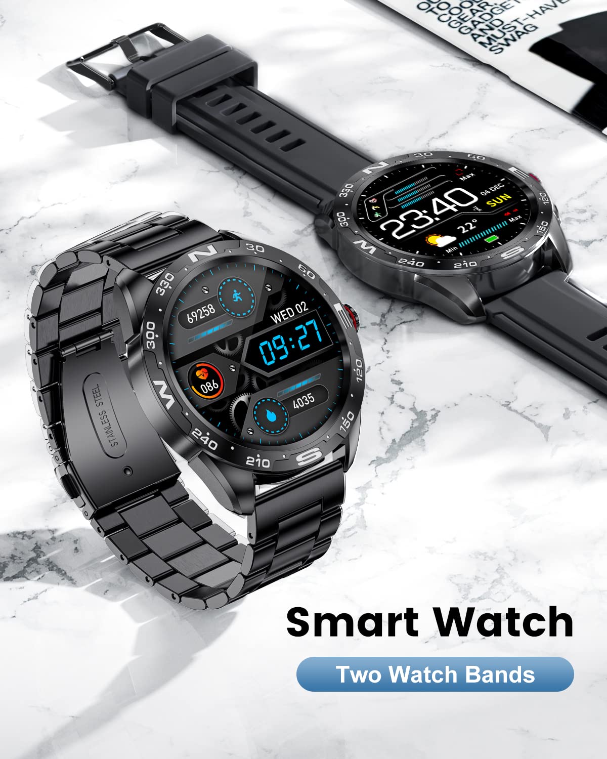 Reloj Inteligente Hombre, 1.32" Pantalla Táctil Completo con Llamada Bluetooth/Notificaciones Inteligentes/Monitor de Ritmo Cardiaco Sueño, 3ATM Impermeable smartwatch Hombre