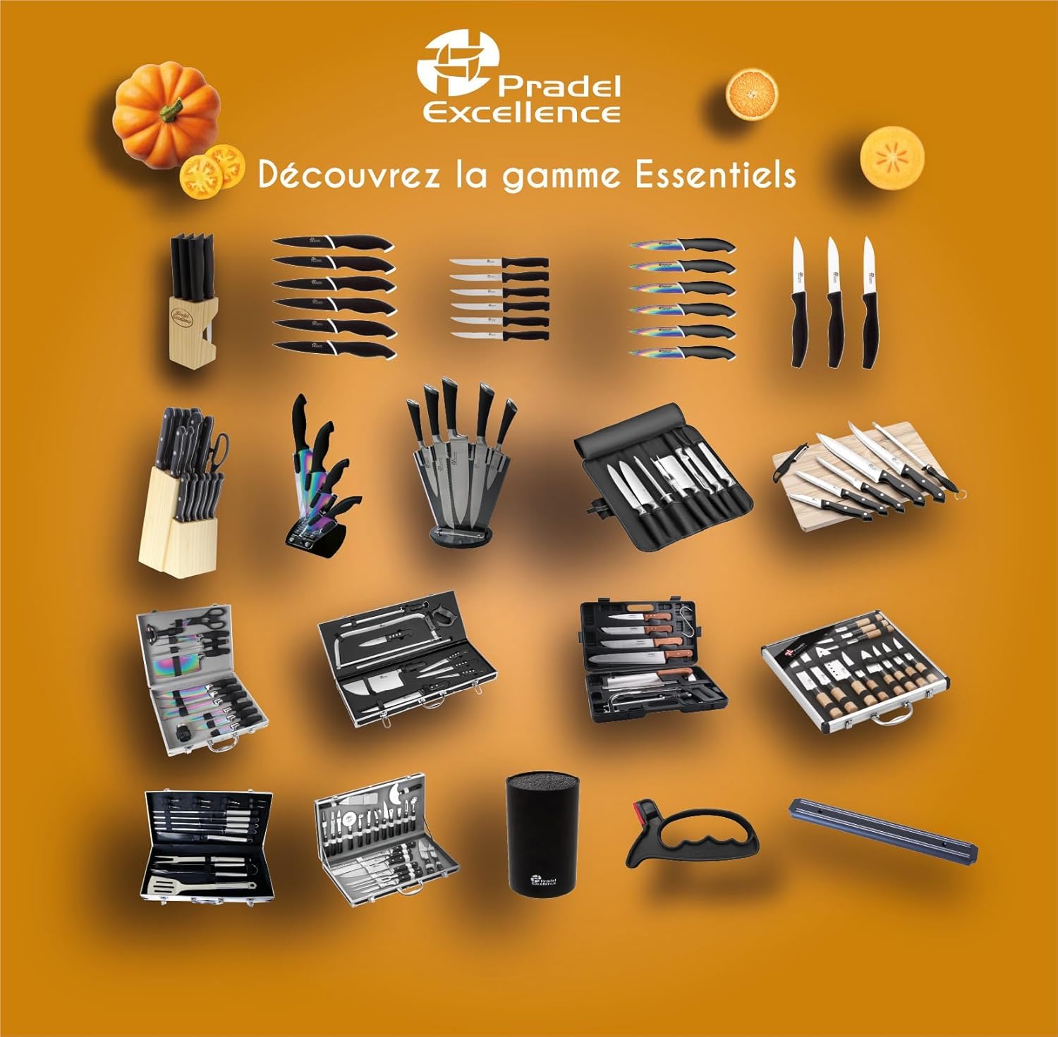 Pradel Excellence - 31123 - Mallette Couteaux de Cuisinier 23 Pièces - Lames Inox - Manches Polypropylène et ABS - Compatibles Lave-Vaisselle - Mallette Rangement - Style Unique - 50 x 28 cm