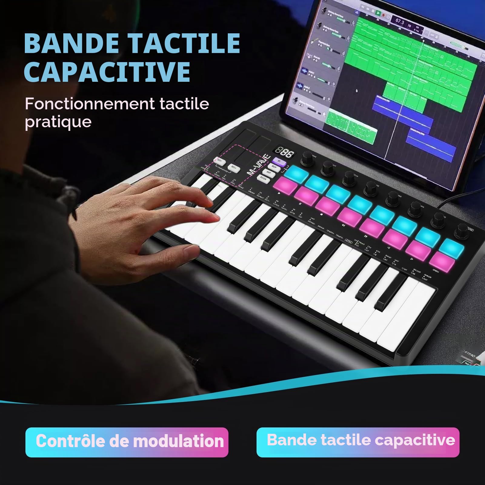 M-VAVE Clavier MIDI USB Portable, Midi Keyboard, Clavier MIDI amélioré, Clavier Arranger Portable Rechargeable Clavier RGB Pad Clavier SMK-25II Noir et Blanc Batterie Intégrée