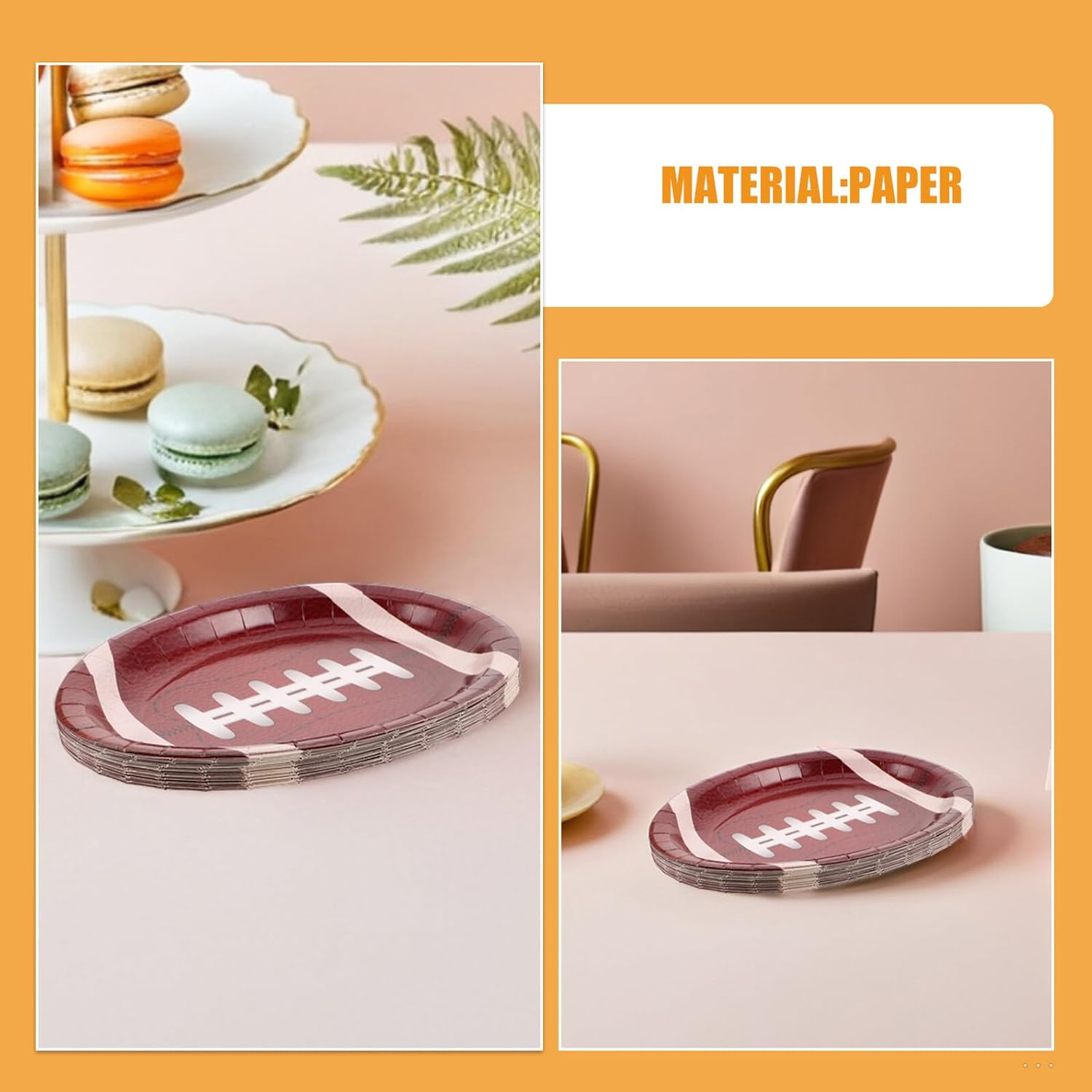 Ciieeo 50pcs Football Paper Plates Rugby Shaped Oval Disposable Plates Football Party Snack Trays Large Paper Food Serving Platters for Sports Day Tailgate and Birthday Events