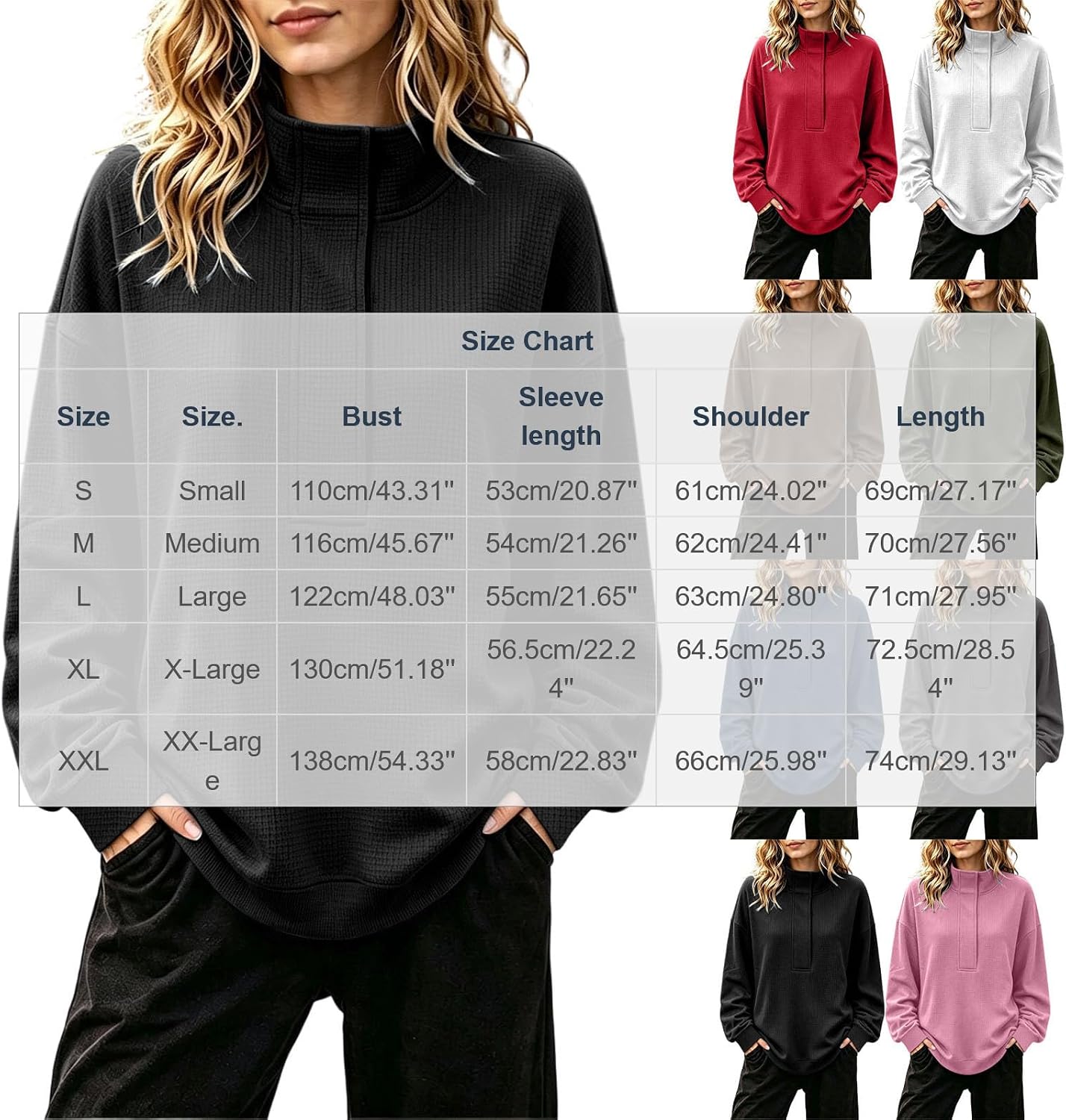 Women's Waffle Half Snap Mock Neck Shirts Long Sleeve Loose Fit Top