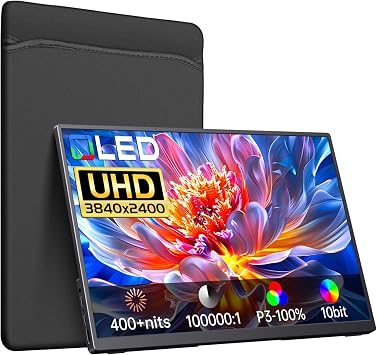 4K Portable Monitor OLED 38402400p, 14" Ultra Slim Travel Monitor, 400+ Nits |100% DCI-P3 | 10000001 Contrast, HDMI USB C External Screen for Laptop Mabook PC