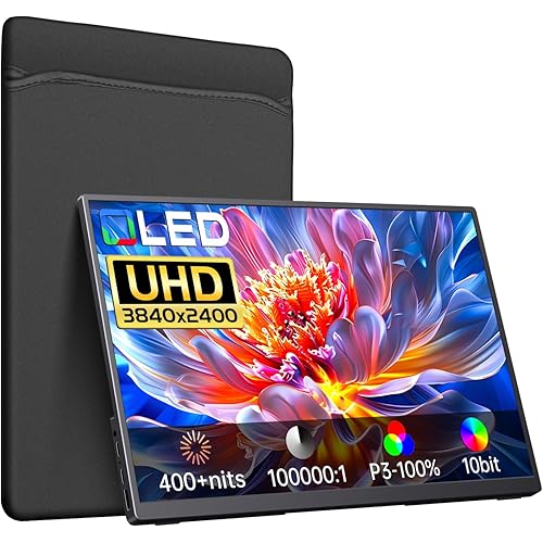 4K Portable Monitor OLED 3840×2400p, 14" Ultra Slim Travel Monitor, 400+ Nits |100% DCI-P3 | 1000000:1 Contrast, HDMI USB C External Screen for Laptop Mabook PC