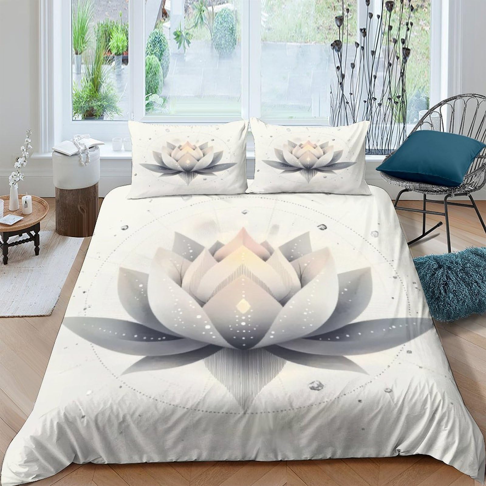 Ctjqhvkz Style-7 3D Printed White Lotus Fitted Sheet Microfiber Soft Bedroom Decor Zen Blossom Bed Cover Dustproof Machine Washable Single（135X200cm）