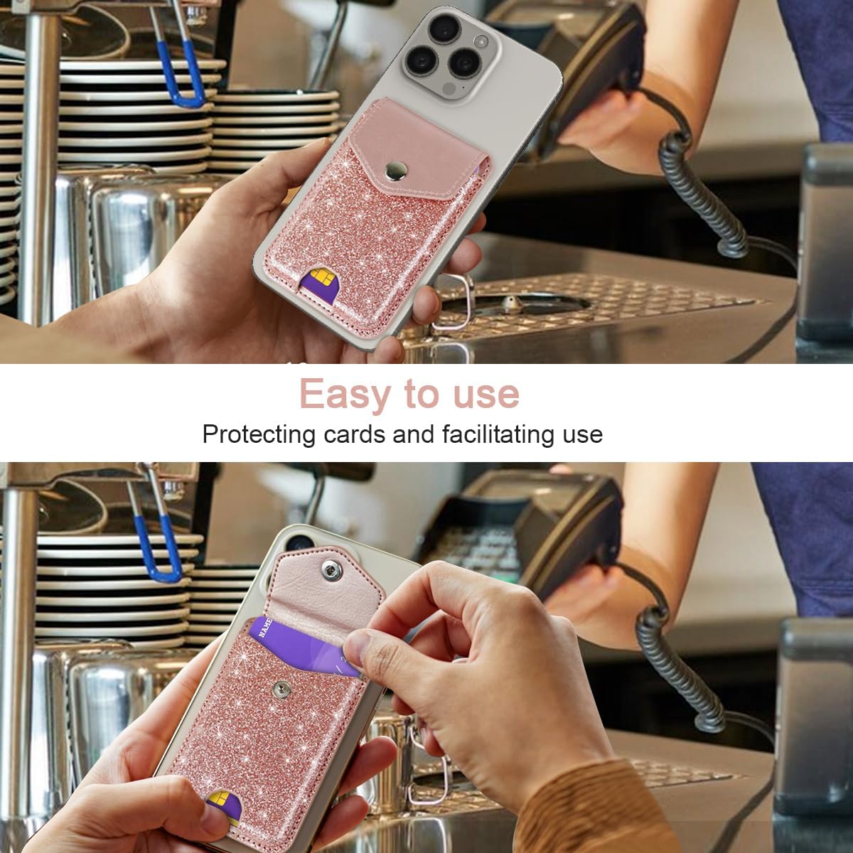 Self Adhesive Card Holders for Back of Phone, Cute Leather RFID Phone Wallet Pockets with Snap, Slim Card Holders Sleeve for Phone Case, Glitter Rose Gold - Image 6